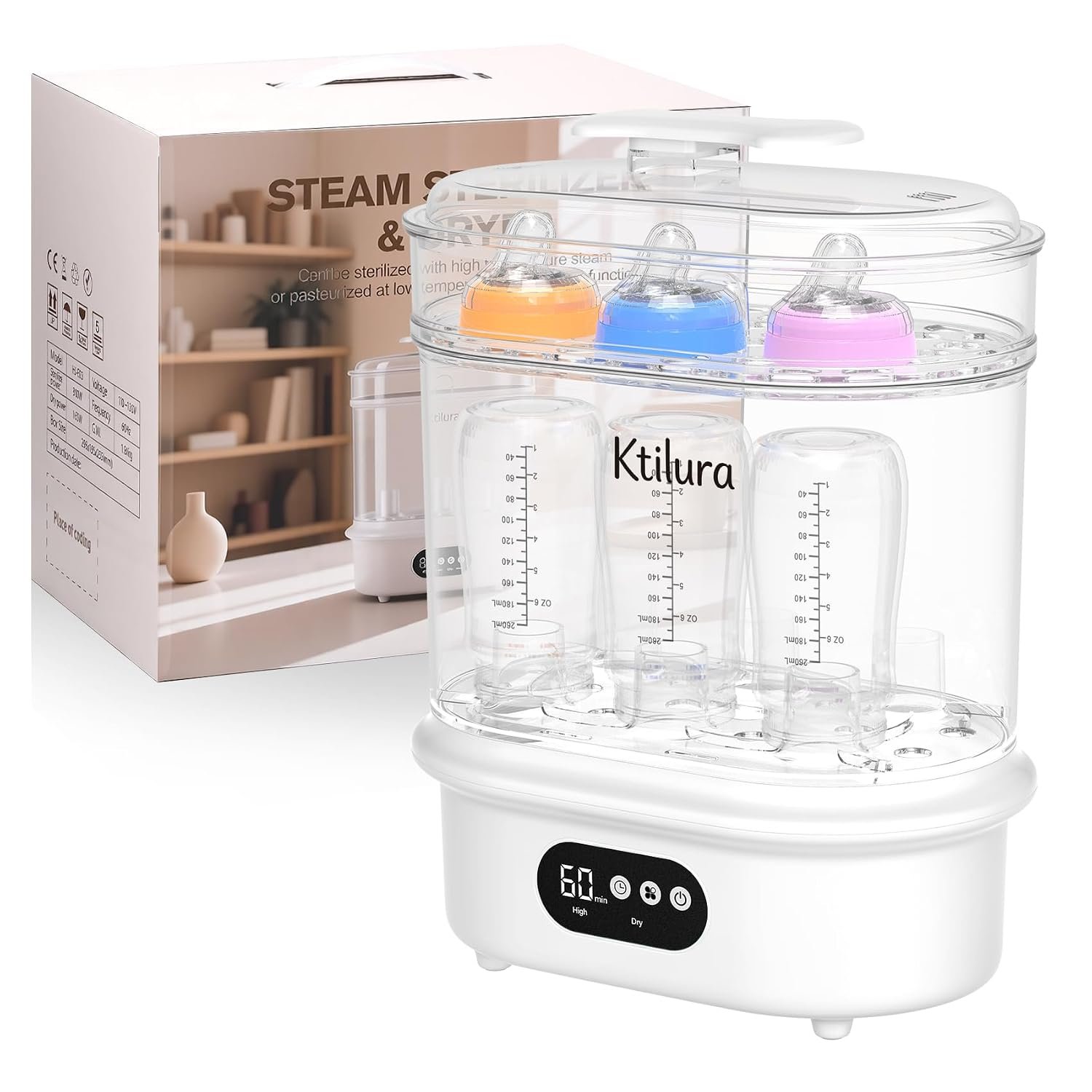 4-in-1 Baby Bottle Sterilizer and Dryer, High-Temperature Steam Auto and Waterless Low-Temperature Hot Air, HEPA Filter, 72H Storage, 6-Bottle Capacity for Pump Parts and Pacifiers