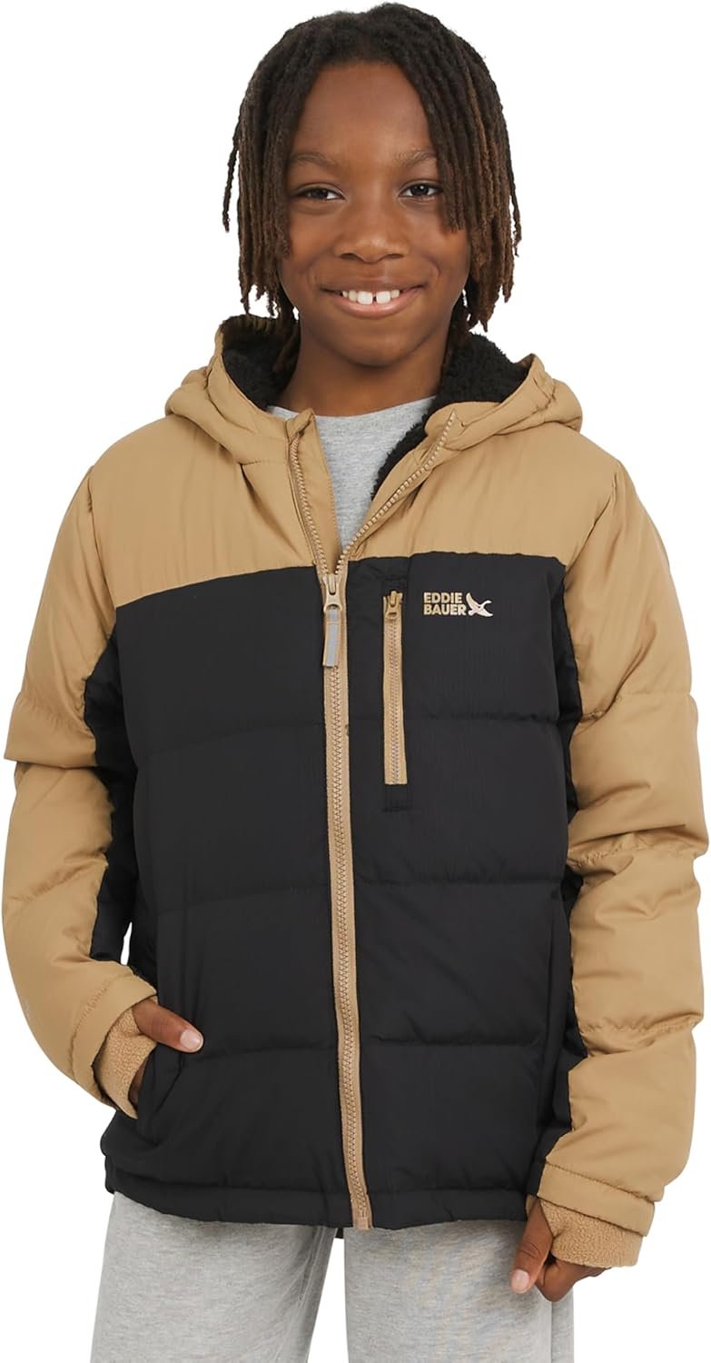 Eddie Bauer Boys’ Classic Heavyweight Faux Fur Lined Hooded Insulated Down Jacket