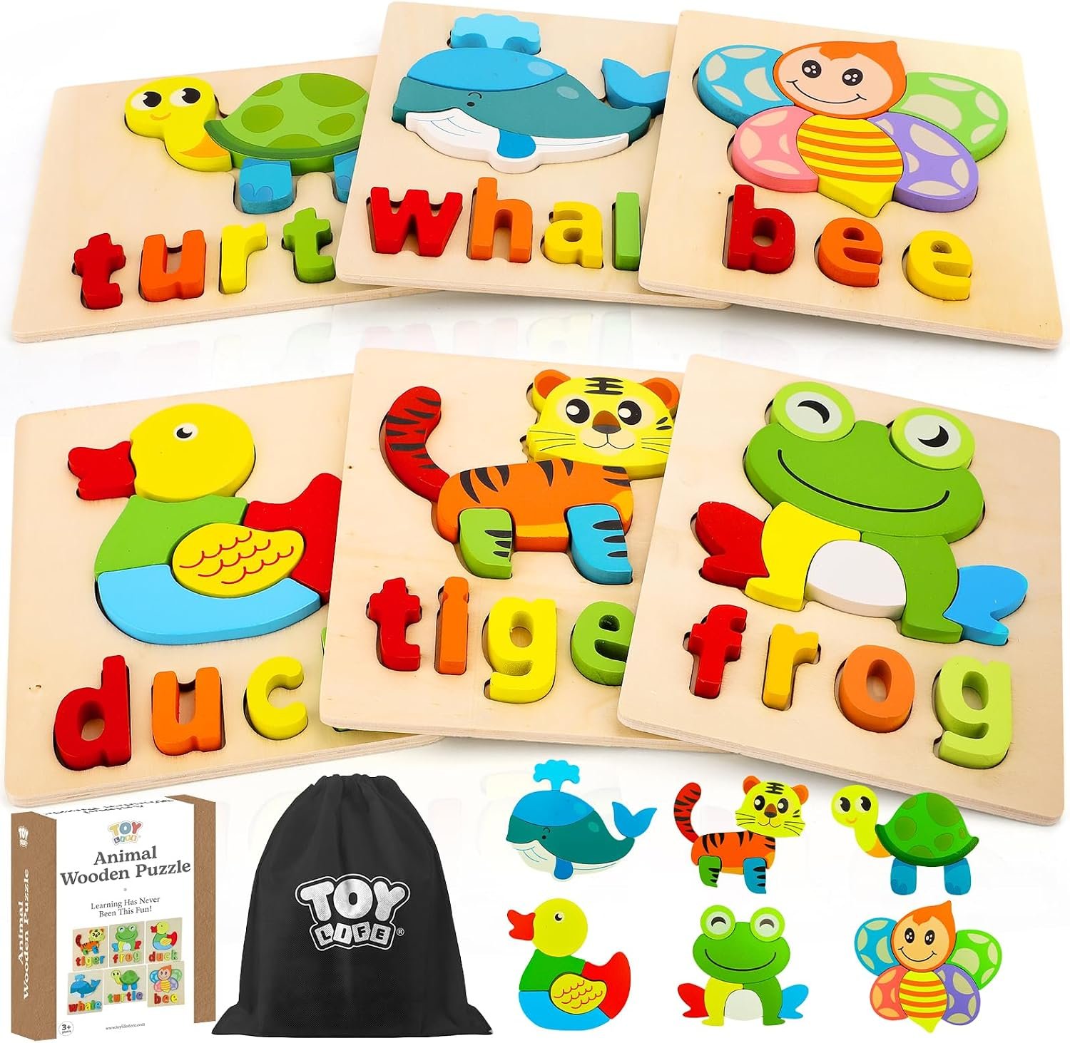 TOY Life Toddler Puzzles Ages 2-4, 6 Animals with Spelling Wooden Puzzles for Toddlers 3-5, Montessori Toys Gifts for 1 2 3 Years Old Boys Girls, Birthday Gifts Educational Learning Toys for Kids