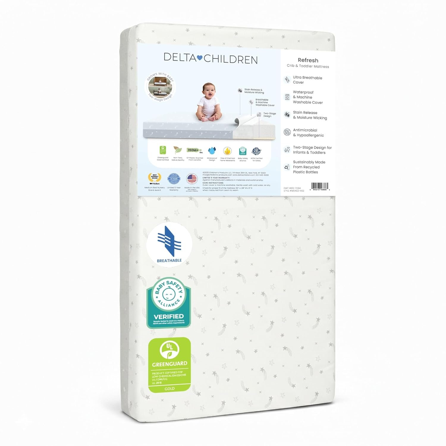 Delta Children Refresh 2-Stage Crib and Toddler Mattress – Breathable Cover and Core – Machine Washable – GREENGUARD Gold – Waterproof – Sustainably Sourced Core, Grey