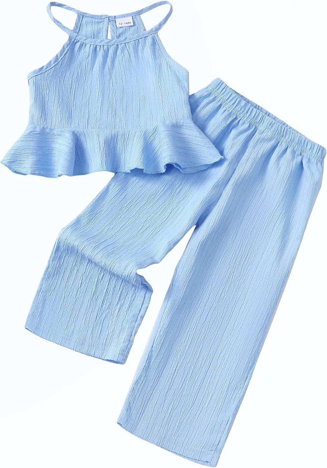 Kucnuzki Baby Girl Clothes Toddler Girl Summer Outfits Sleeveless Ruffle Halter Tops Wide Leg Pants Kids Clothing Set