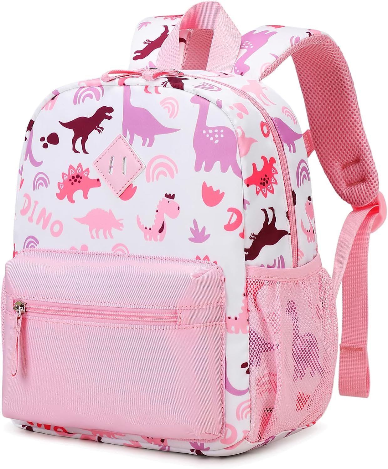 Toddler Backpack for Girls, 12” Mini Preschool Backpack for Kids Age 2-4 Years Old Small Toddler Bookbag for Kindergarten with Chest Buckle and Reflective Strip, Pink Dino