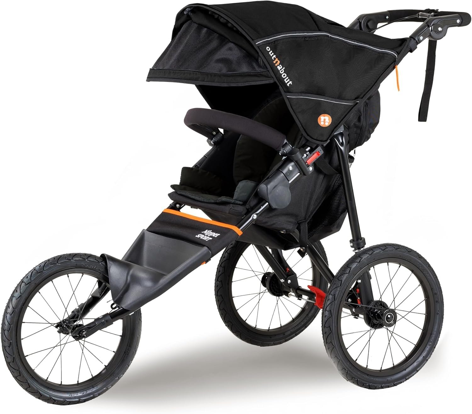 Out’n’About Nipper Sport Jogging Stroller | Lightweight All-Terrain 3-Wheel Stroller | Rain Cover Included | 16” Air-Filled Tires, Suspension, Handlebar Brake | Newborn to 4 Years | Summit Black