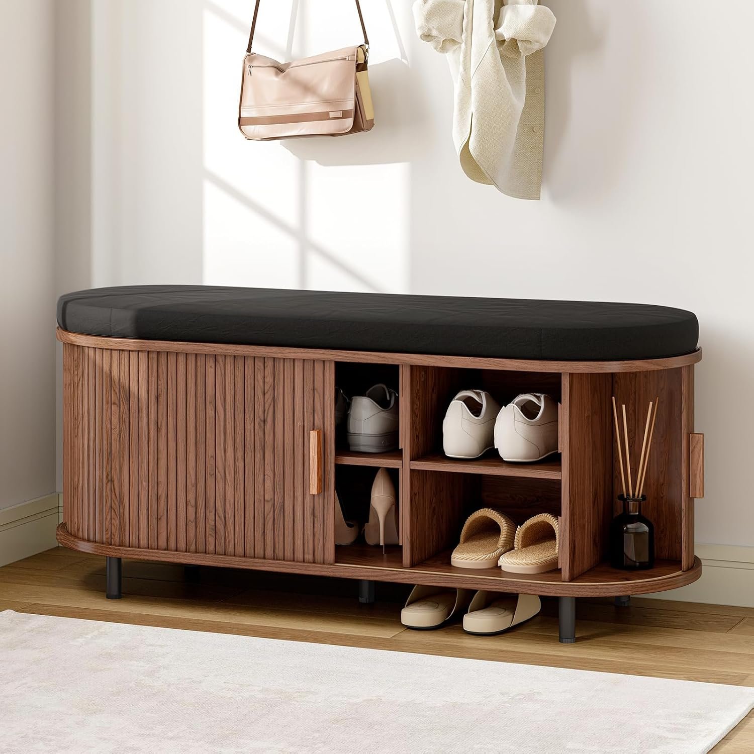 ONBRILL 43″ Shoe Bench with Storage, Fluted Shoe Storage Bench with Cushion, Sliding Door and Adjustable Shelf, for Entryway, Hallway, Living Room, Walnut