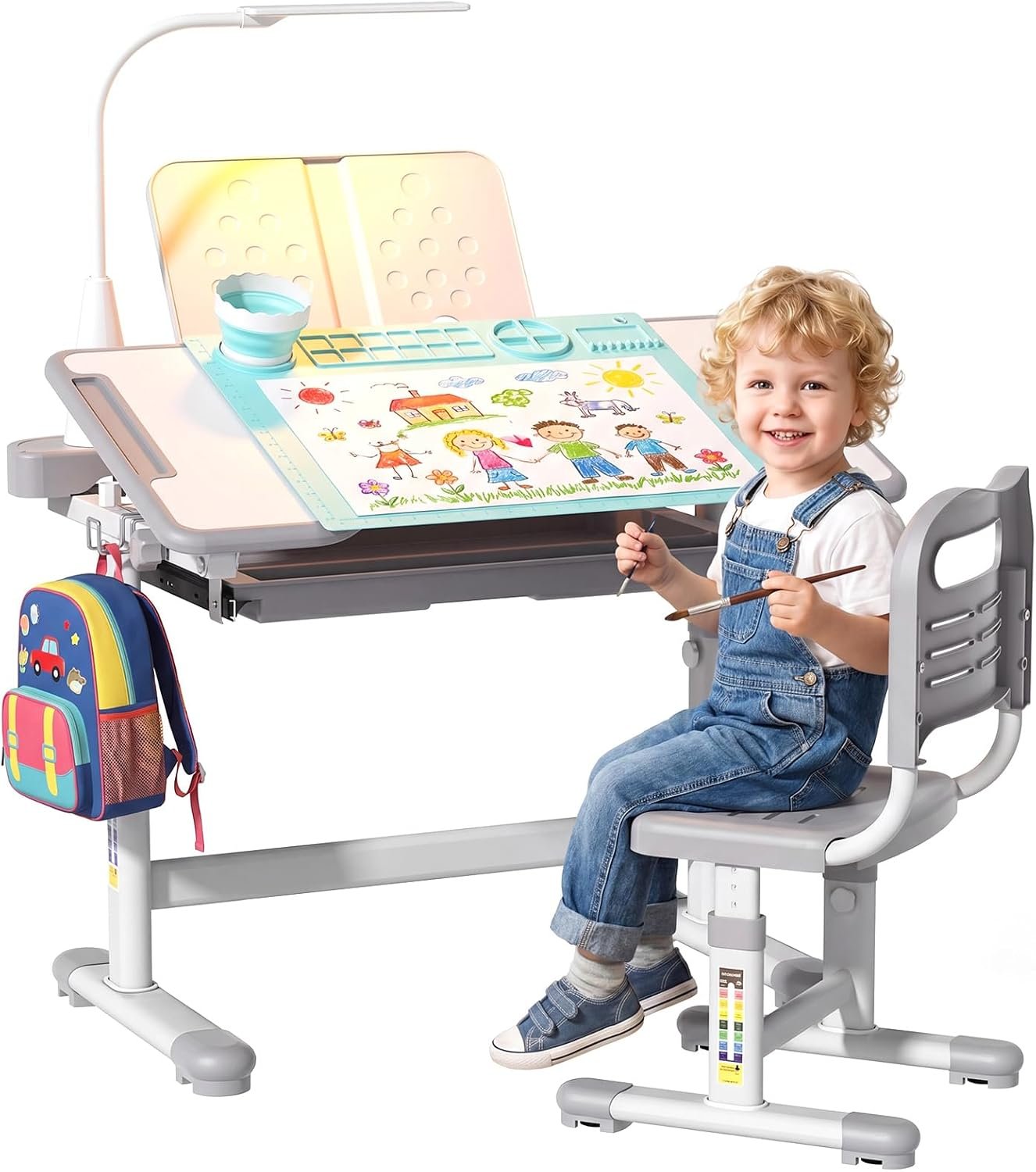 BIERUM Kids Desk and Chair Set, Height Adjustable Study Table for Ages 3-12 | 55° Tiltable Kids Student Desk, Ergonomic Widened Desktop with Painting Mat, Bookstand & 3-Mode LED Lamp for Boys and Girls