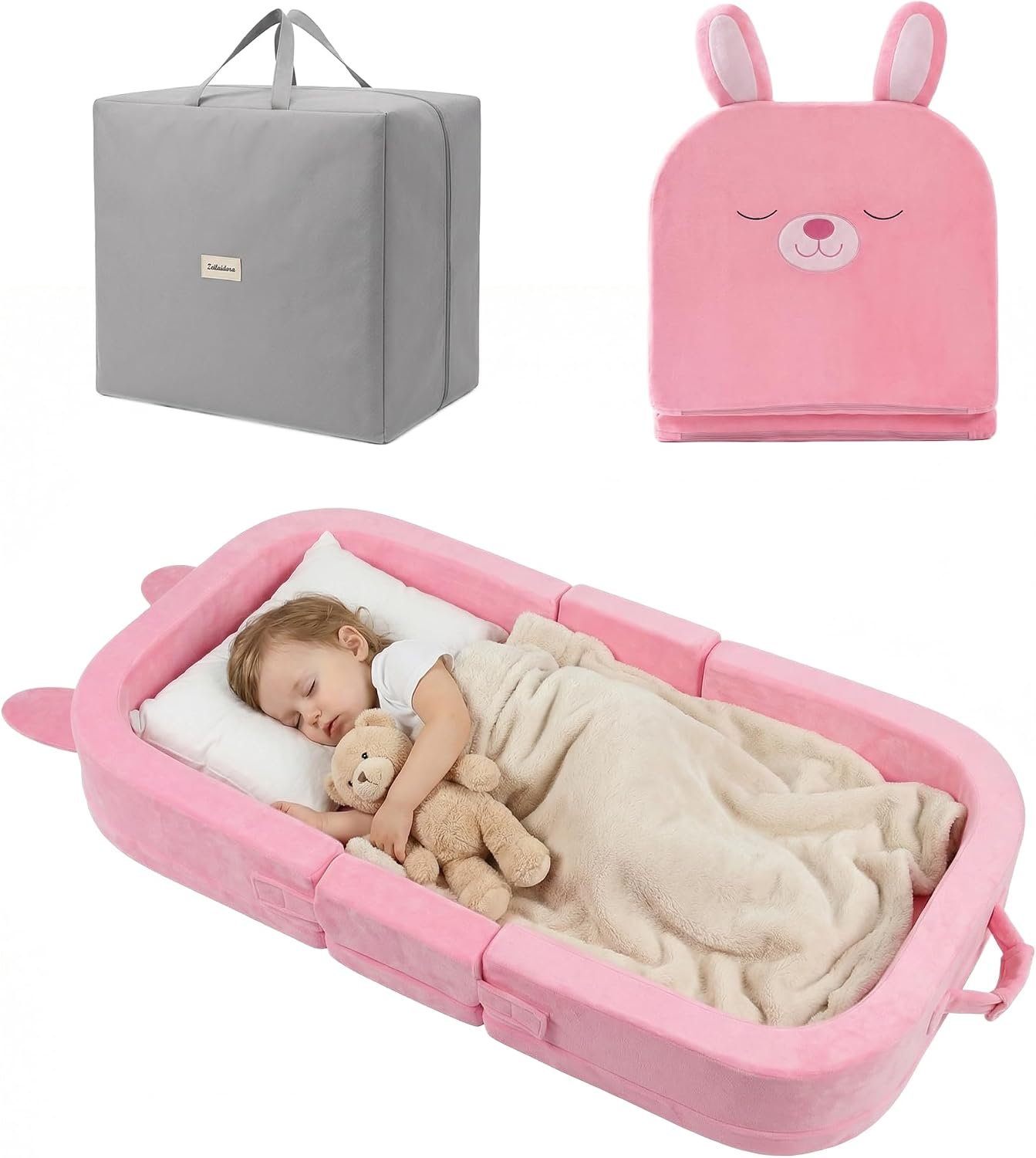 Zelladorra Toddler Travel Bed, Portable Toddler Floor Bed | Cute Animal Design with Storage Bag and Washable Cover, Perfect for Home, Travel, Pink