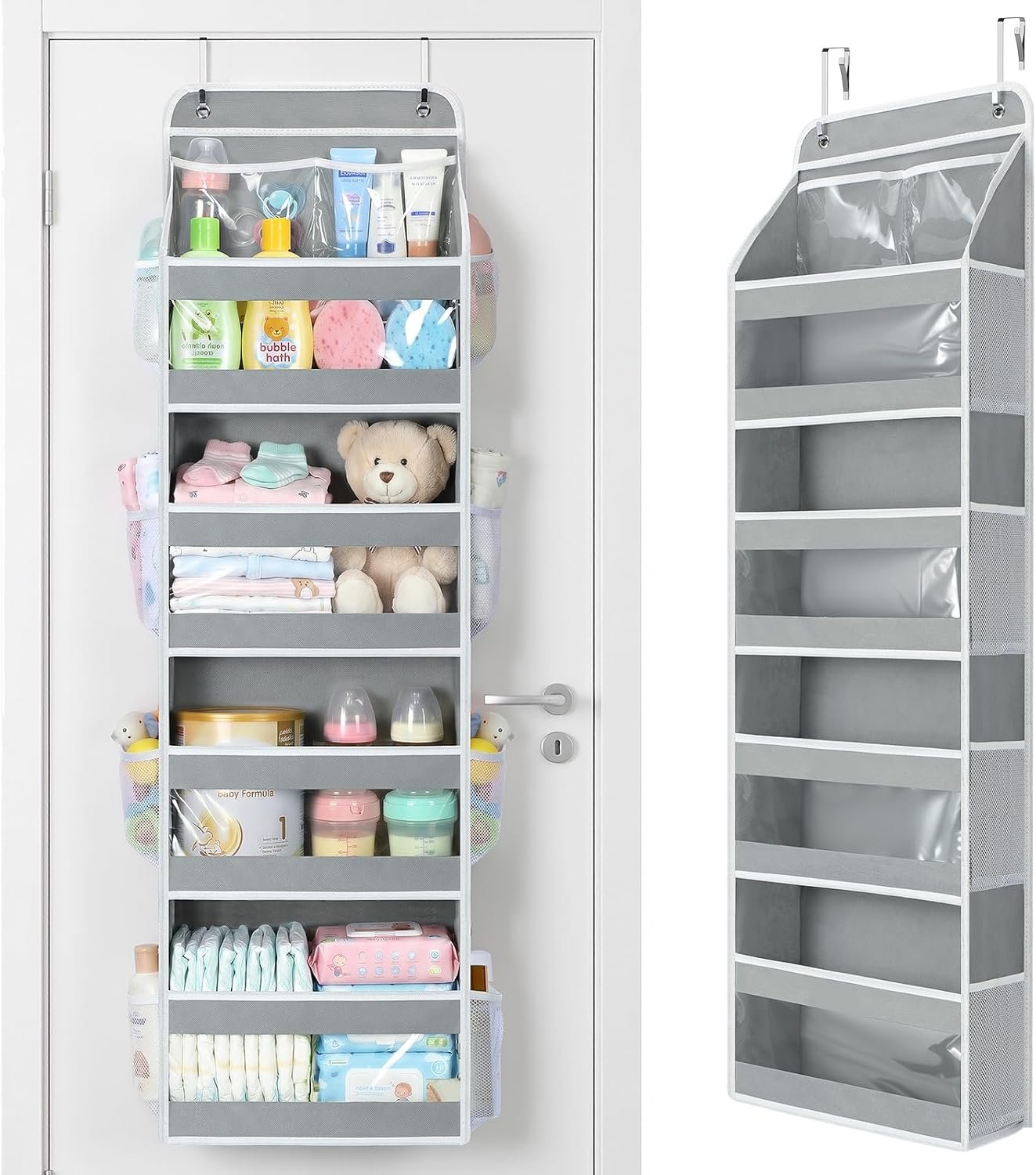 Yecaye 5 Tier Over the Door Organizer, Swing-proof Door Organizer Hanging with Clear PVC Windows, Behind the Door Storage for Bedroom Nursery Closet Laundry Pantry Bathroom, Grey