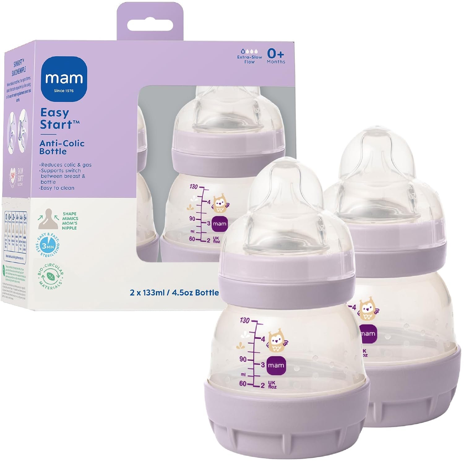 MAM 4.5oz Easy Start Anti-Colic+ Vented Baby Bottle, 0+ Months, 2 Pk, Girl | Extra Slow Flow Breastfeeding-Like Silicone Nipple,Dual Anti-Colic Bottle Reduces Colic, Gas & Reflux, Easy Clean, BPA Free