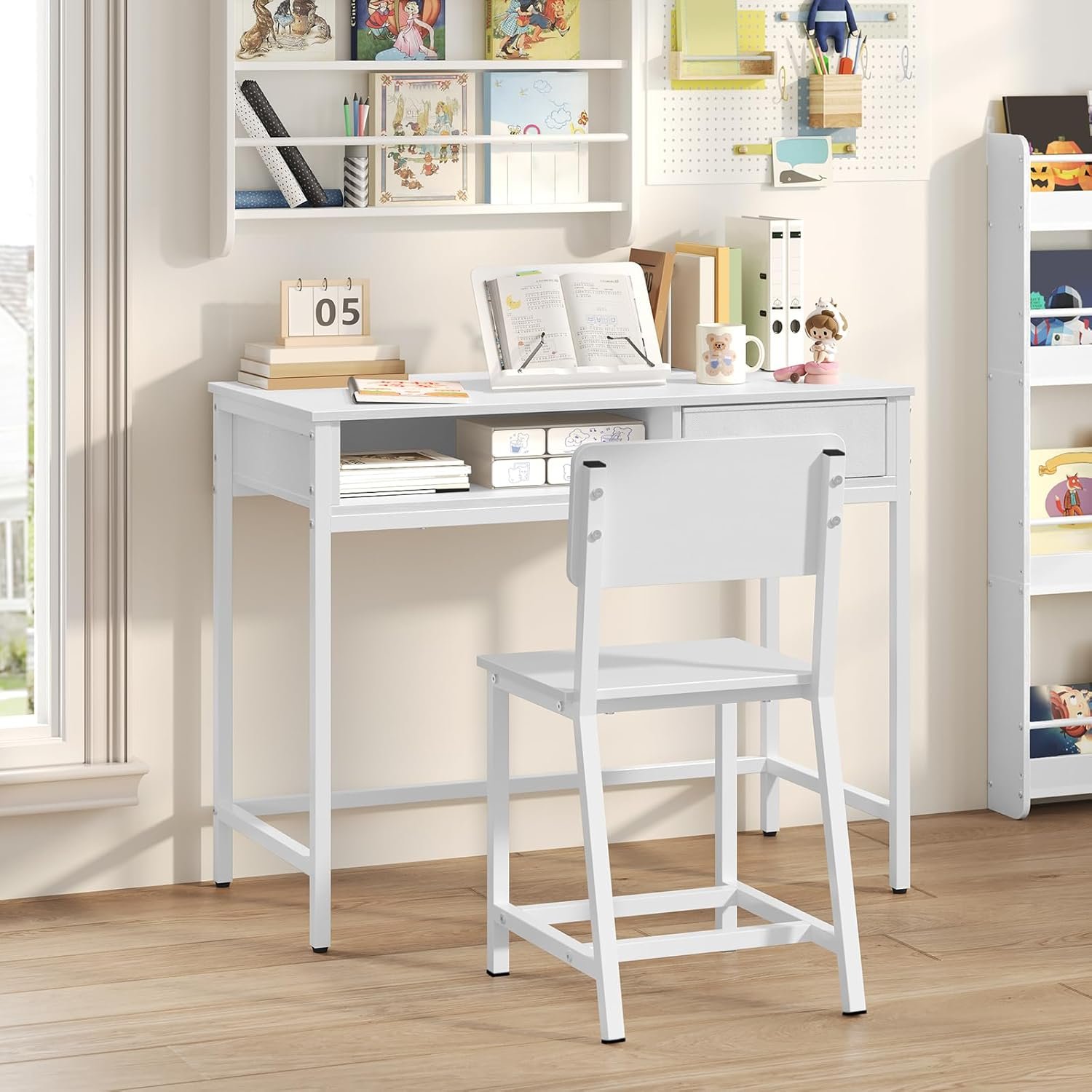 MAHANCRIS Kids Desk and Chair Set, Student Writing Desk, Kids Study Desk with Book Sorter and Fabric Drawer, Kids Wooden Study Table, for Study, Kids Room, Bedroom, White KDBW11901N1