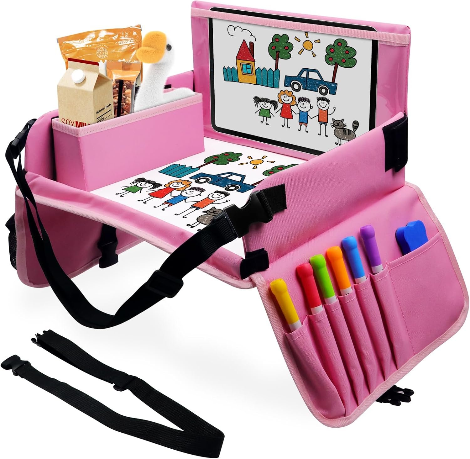 Car Seat Tray for Kids Travel, Carseat Tray for Toddler Road Trip Activities, Car Trays for Kids Road Trip Essentials, Travel Trays for Airplane, Toddler Car Seat Lap Table – Pink