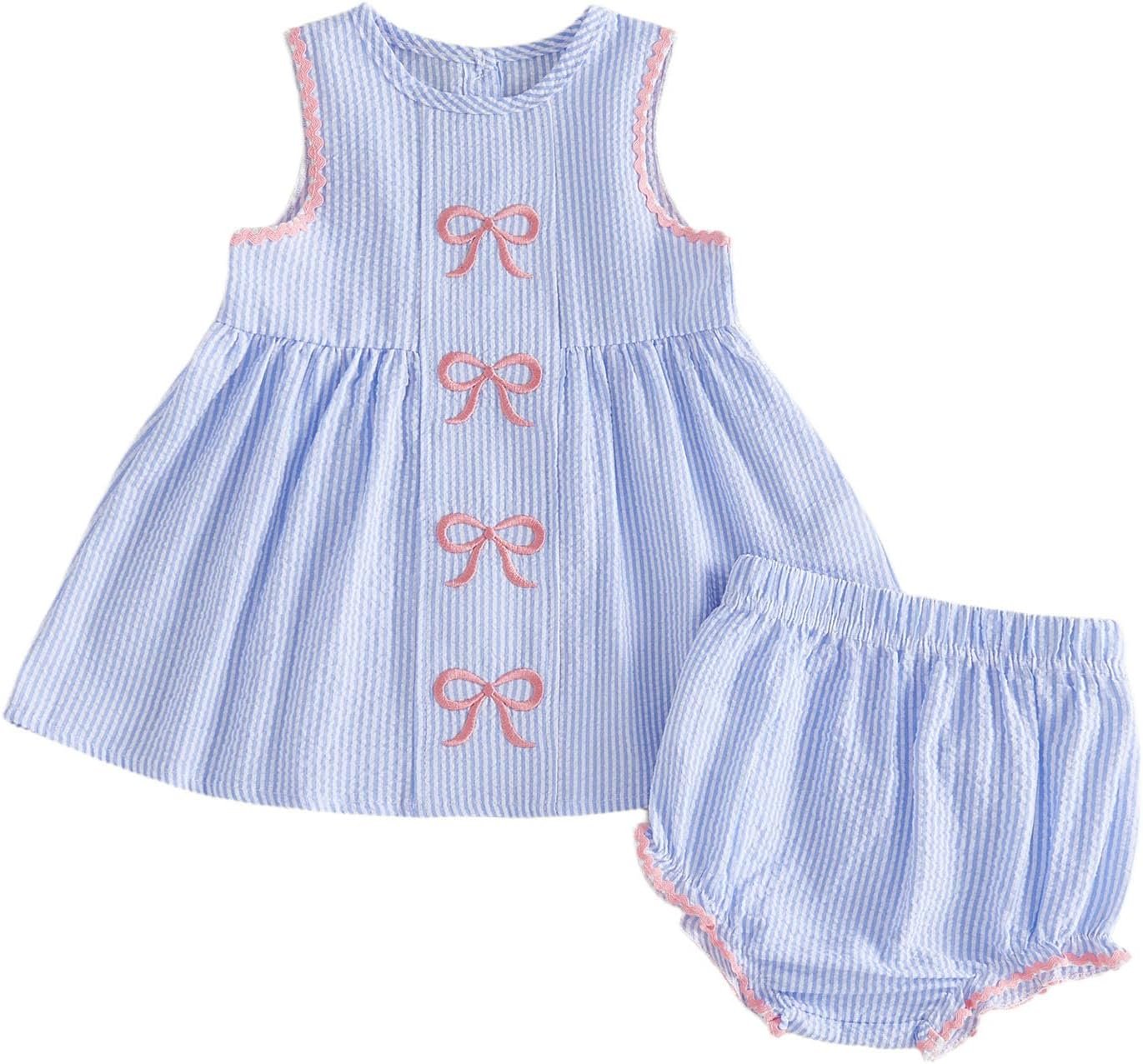 Toddler Baby Girls Striped Short Set Sleeveless Tank Top with Bow Embroidery Ruffled Bloomer 2 Piece Summer Outfits