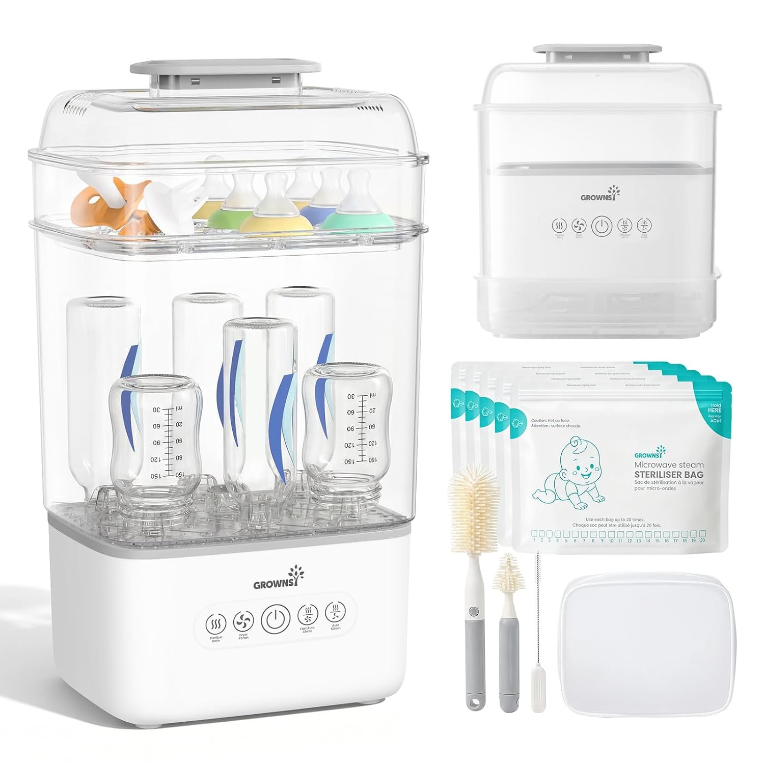 Grownsy Space Saving Baby Bottle Sterilizer and Dryer with Travel Set | Holds 6 to 8 Bottles & Pump Parts, Nesting Design, Fast Sanitization & Drying, Auto Sterile Storage for All Feeding Stages