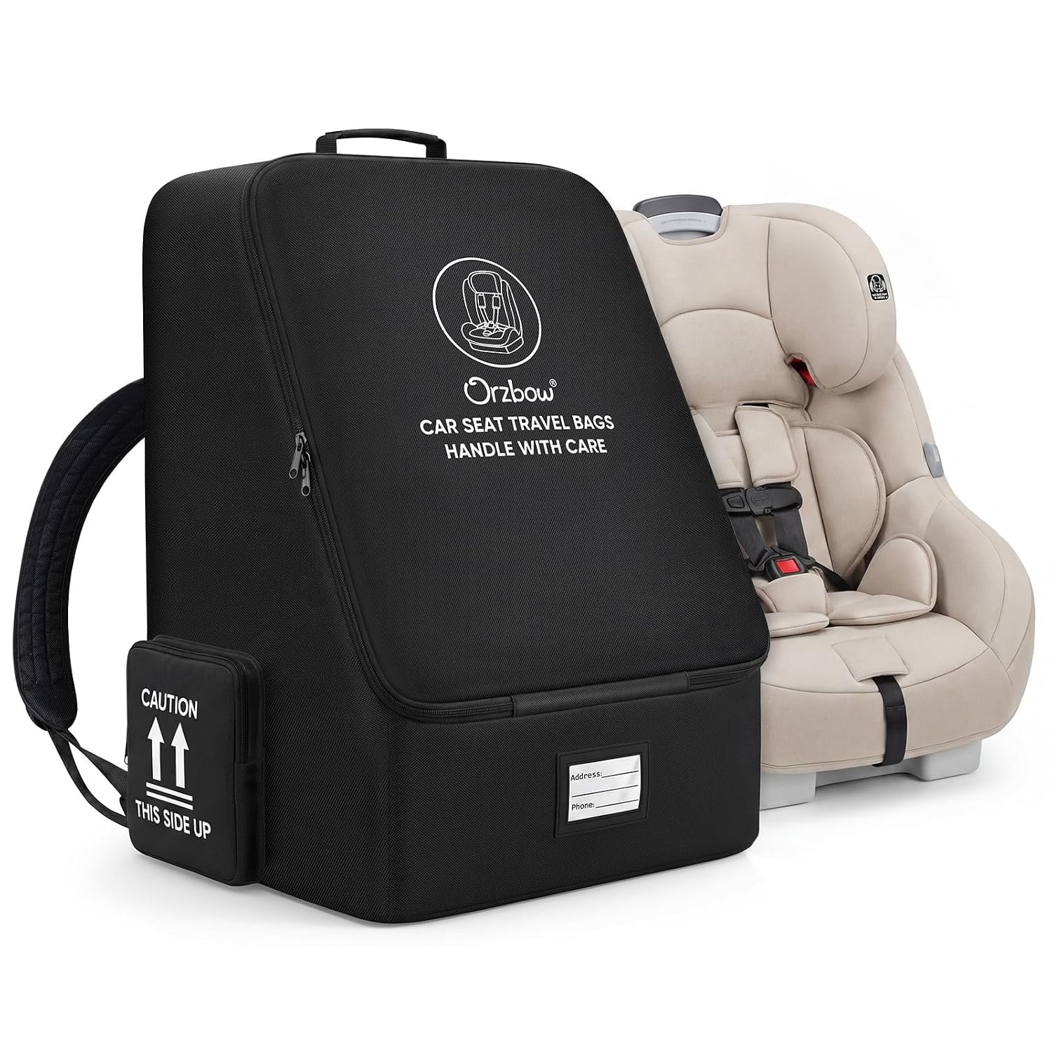 Orzbow Padded Car Seat Travel Bag for Airplane, Carseat Backpack Bags with Side Pocket, Car Seat Carrier with Shoulder & Waist Strap for Airport Gate Check, Universal Fit Carseat & Booster Seat, Black