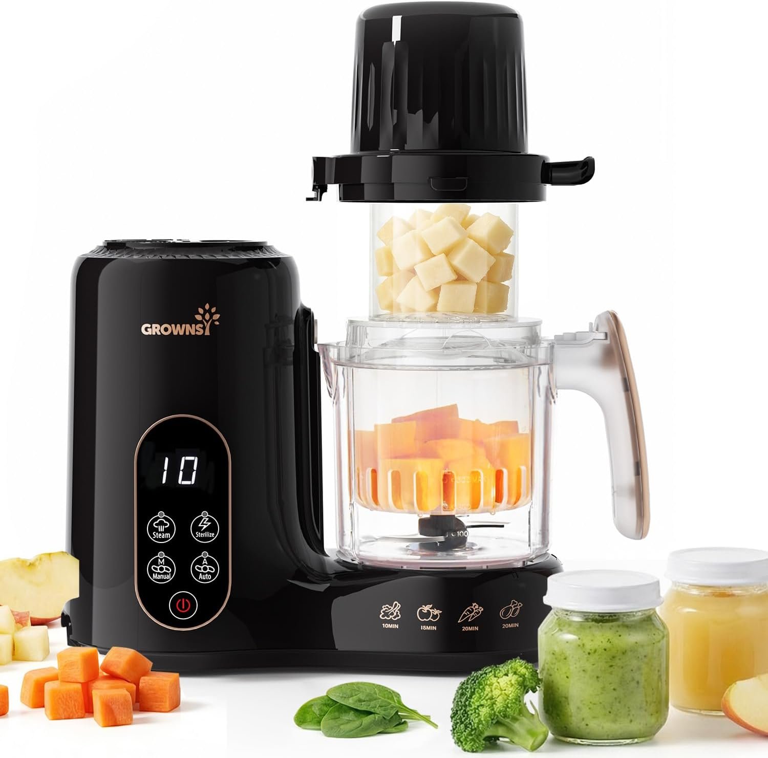 Grownsy Baby Food Maker with Dual-Layer Steam Basket | Baby Food Processor for Starting Solids & Babies 6+ Months | Steamer Blender & Puree Machine for Healthy Baby Food, BPA-Free,Black & Gold