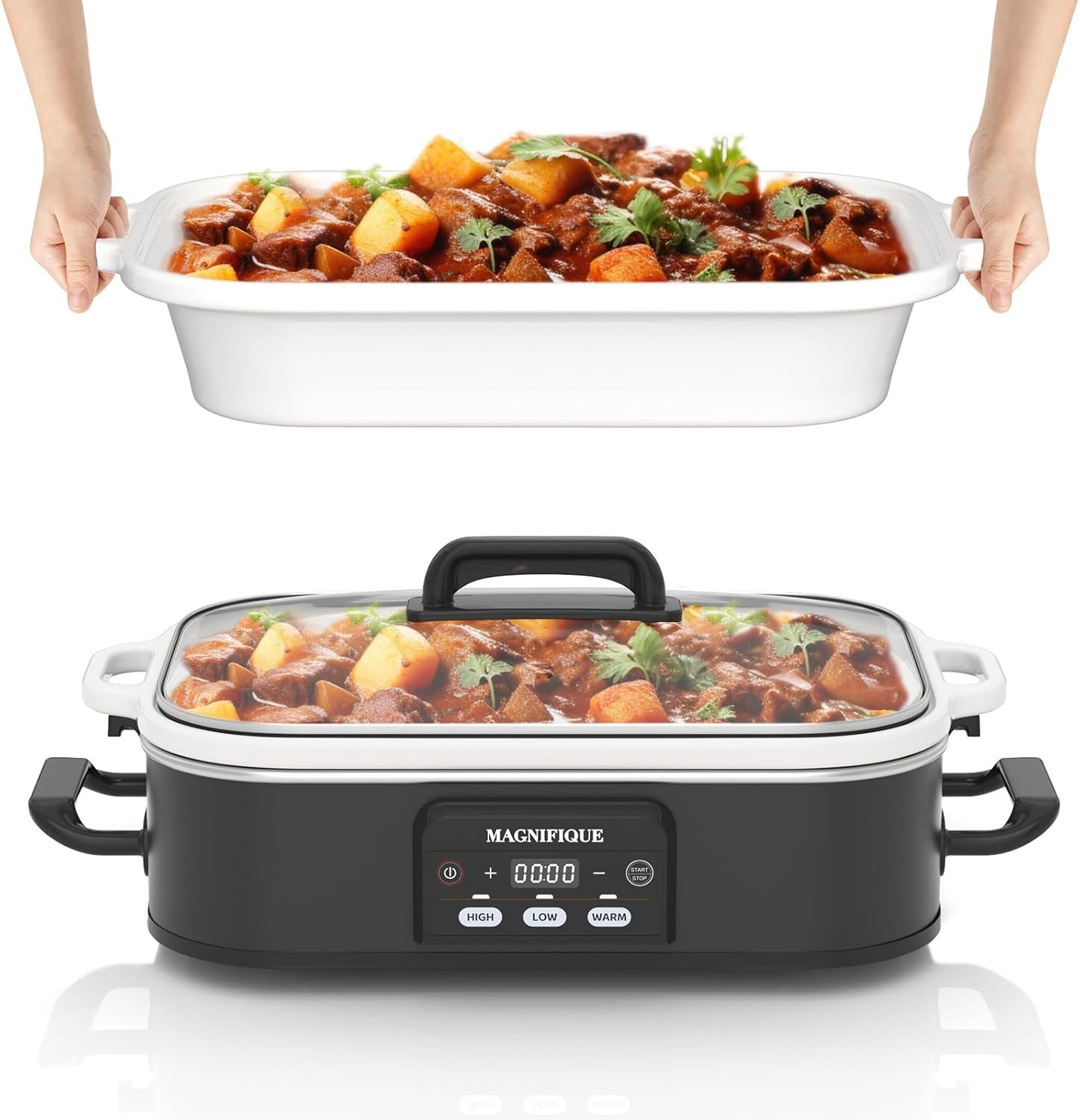 4 Quart Casserole Programmable Slow Cooker with Ceramic Baking Dish – Perfect Kitchen Small Appliance for Family Dinners, Oven Safe and Durable Bakeware for Lasagna, Roasts, Black