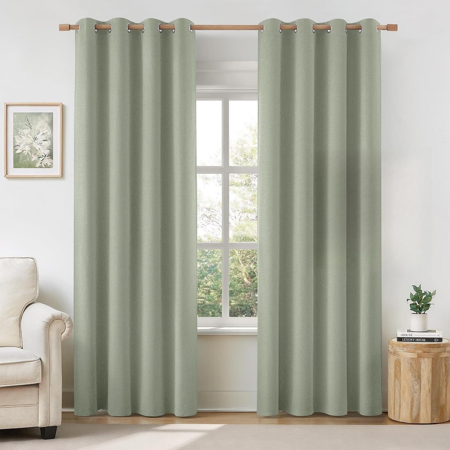 HOMEIDEAS 100% Sage Green Linen Blackout Curtains for Bedroom, 52 x 84 Inch Length 2 Panels Faux Linen Thermal Insulated Black Out Grommet Window Drapes for Living Room