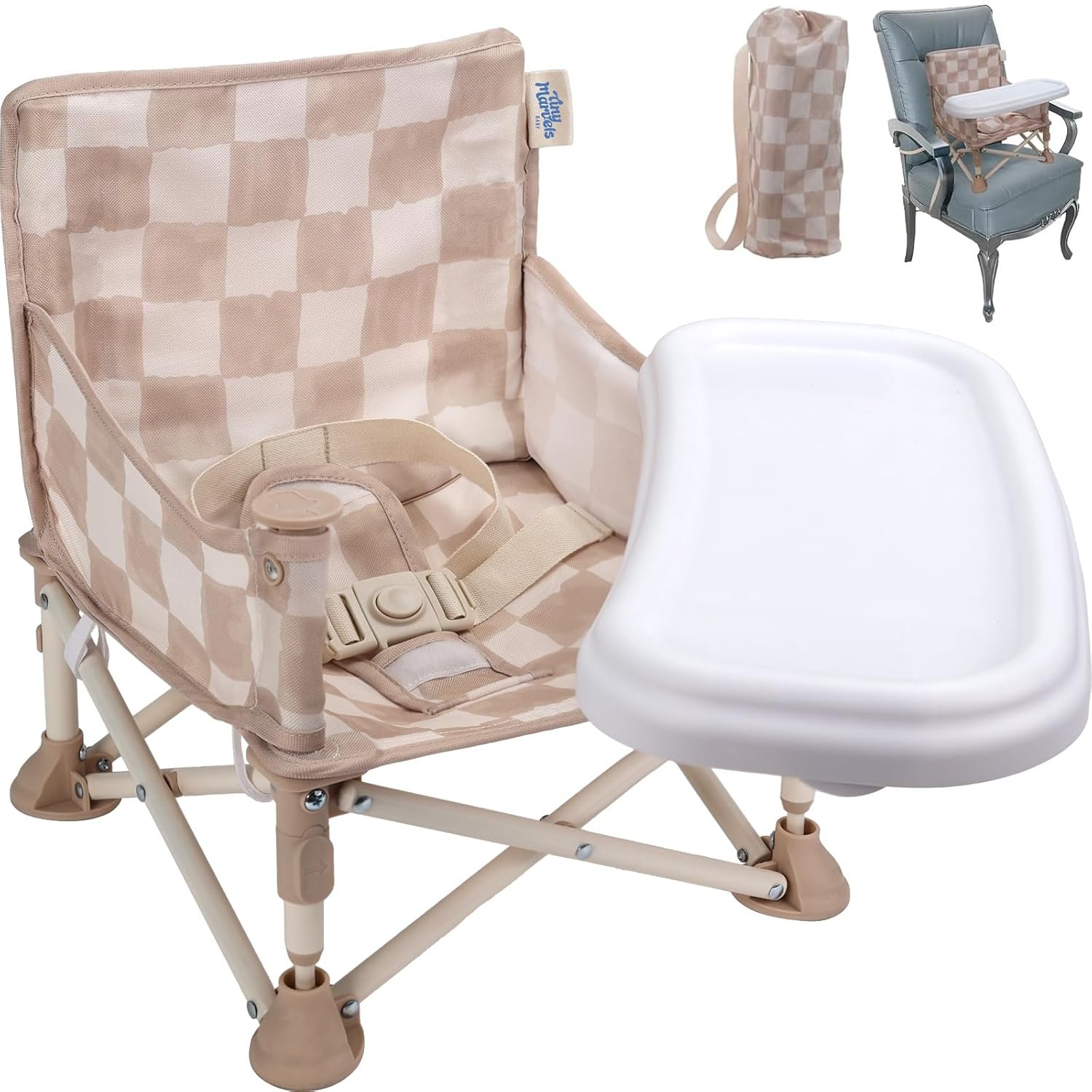 Tiny Marvels 3-in-1 Baby Chair, Portable & Foldable for Travel, Ages 6M-3Y | BPA-Free & 3-Point Harness for Safety, Removable Tray & Carry Bag, Non-Slip & Reinforced Frame for Stability, Sand Checker
