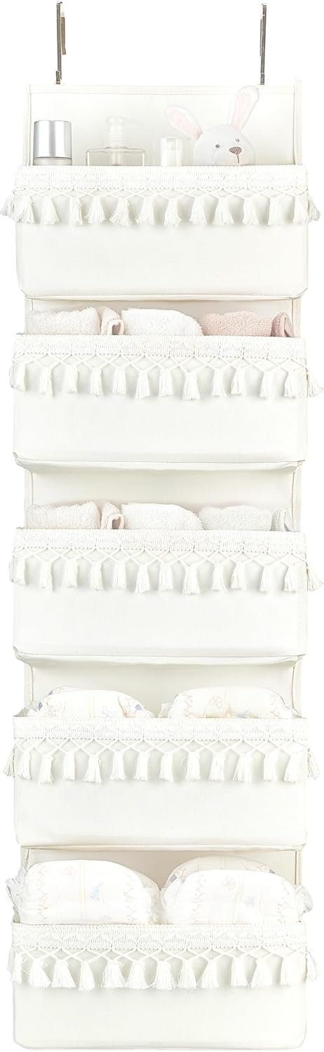 Dahey Over The Door Organizer Boho Nursery Storage Decor Closet Hanging Organizer with Tassels Decoration for Bedroom Nursery Bathroom Apartments Dorm Pantry, 5 Pockets, White