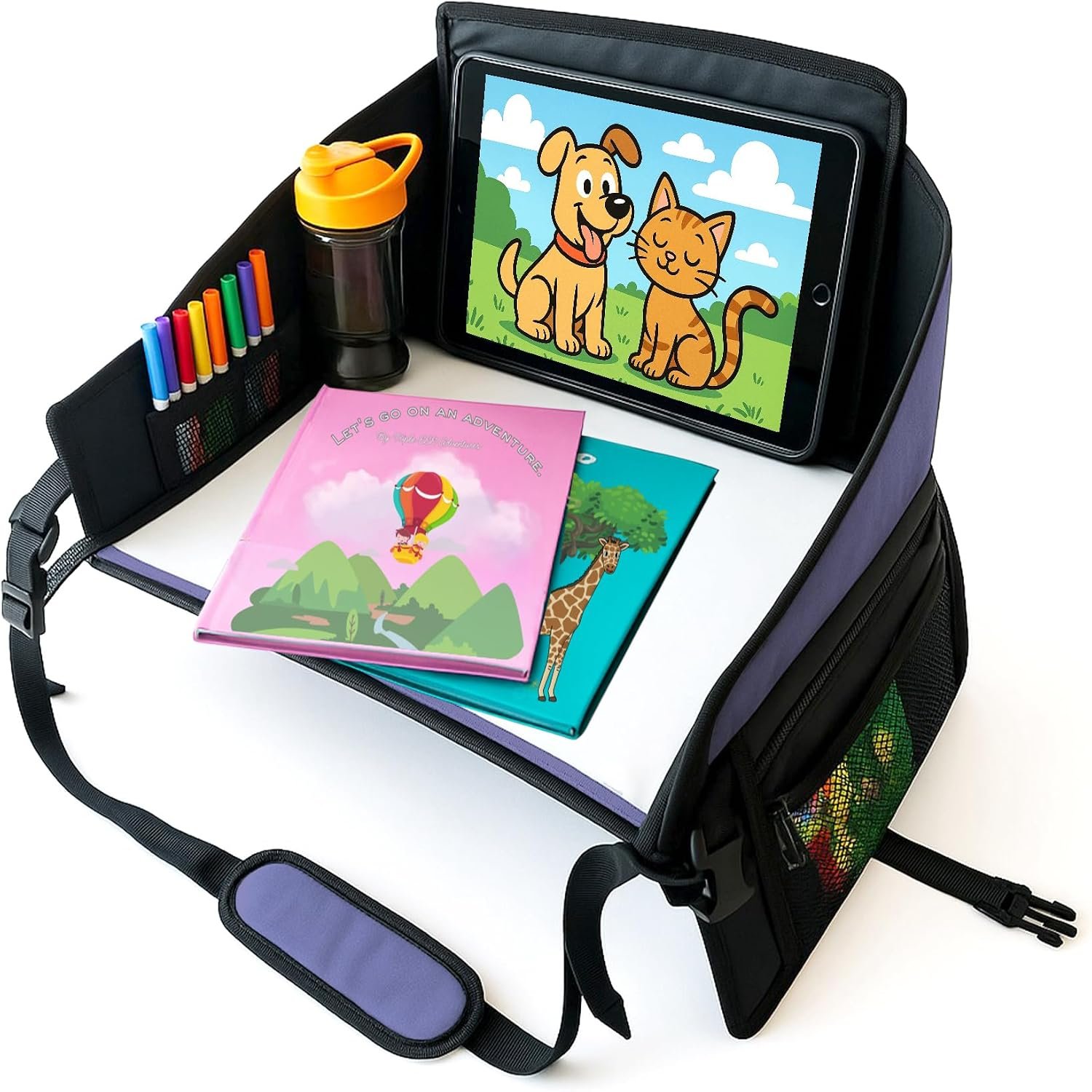 Kids Travel Tray for Car Seat- Purple- The Essential Travel Lap Desk with Removable Tablet Holder, Built-In Storage, and Stabilized Panels, Must Have Car Tray for Kids on Road Trips