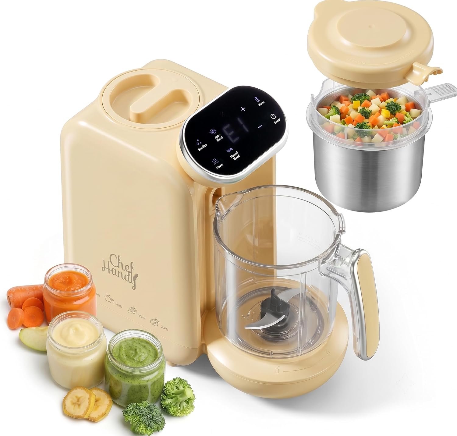 Chefhandy Baby Food Maker, One-Step Steamer & Blender, Yellow | Stainless steel basket, BPA-free food-contact parts, Adjustable texture, Homemade baby meals, 6 food pouches, Recipe guide