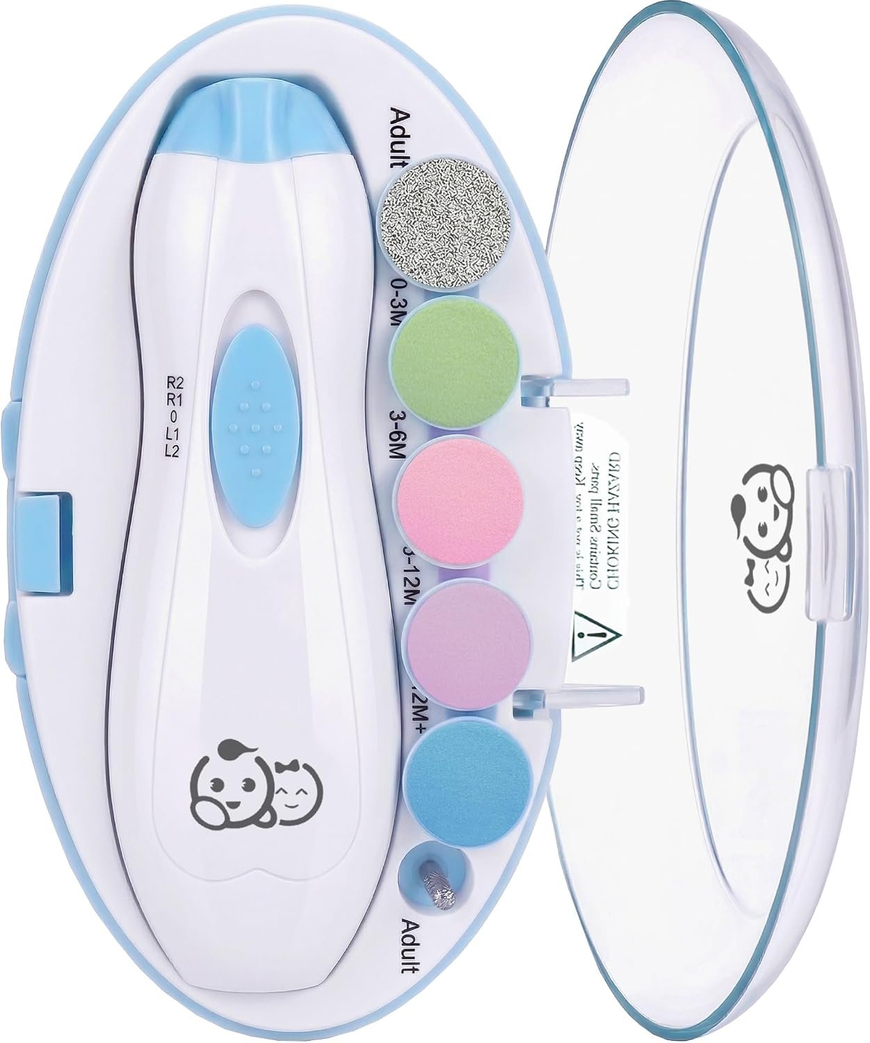Royal Angels Upgraded 6 in 1 Baby Nail Trimmer with Labeled Case, 4 Colored Pads for Newborns to Toddlers, Whisper Quiet Electric Nail File with LED Light, Safe Manicure Set for Families (Babyblue)
