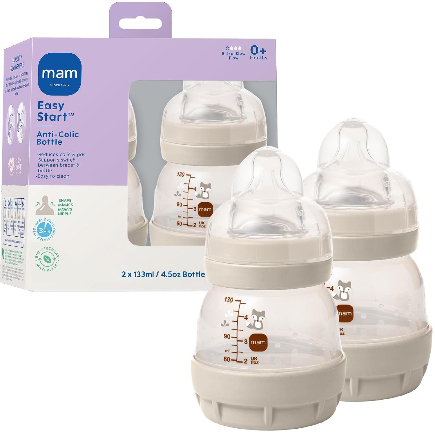 MAM 4.5oz Easy Start Anti-Colic+ Vented Baby Bottle, 0+ Mths, 2 Pk, Unisex | Extra Slow Flow Breastfeeding-Like Silicone Nipple,Dual Anti-Colic Bottle Reduces Colic, Gas & Reflux, Easy Clean, BPA Free