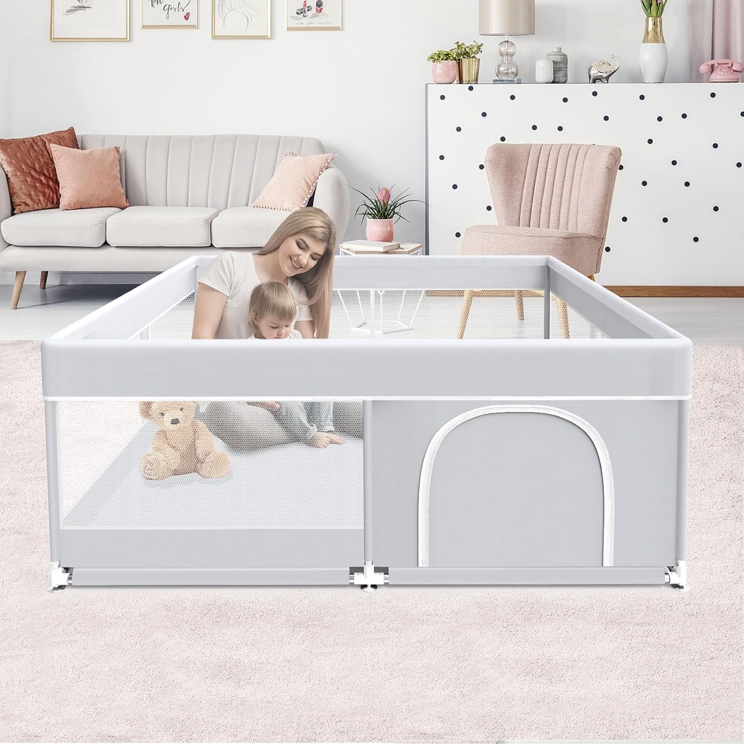 Fshibila Baby Playpen, 50×50 Inch Baby Playard for Babies and Toddlers, Play Pens for Indoor & Outdoor, Sturdy Safety Play Yard with Soft Breathable Mesh, Anti-Fall, Grey