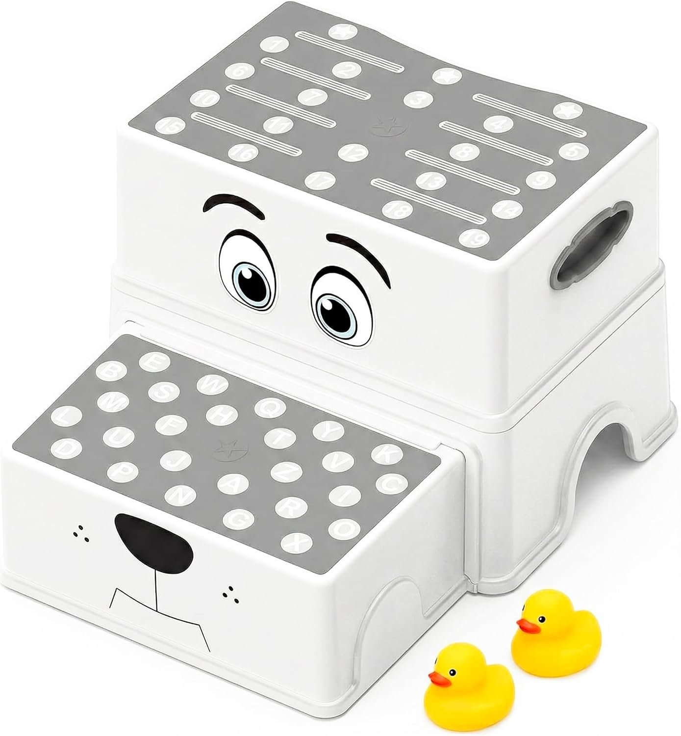 UNCLE WU 2-Step Kids Stool with Adorable Puppy Face – Anti-Slip Potty Training Stool for Bathroom Sink, Toilet & Kitchen, Adjustable Height, Lightweight, Includes 2 Duck Toys
