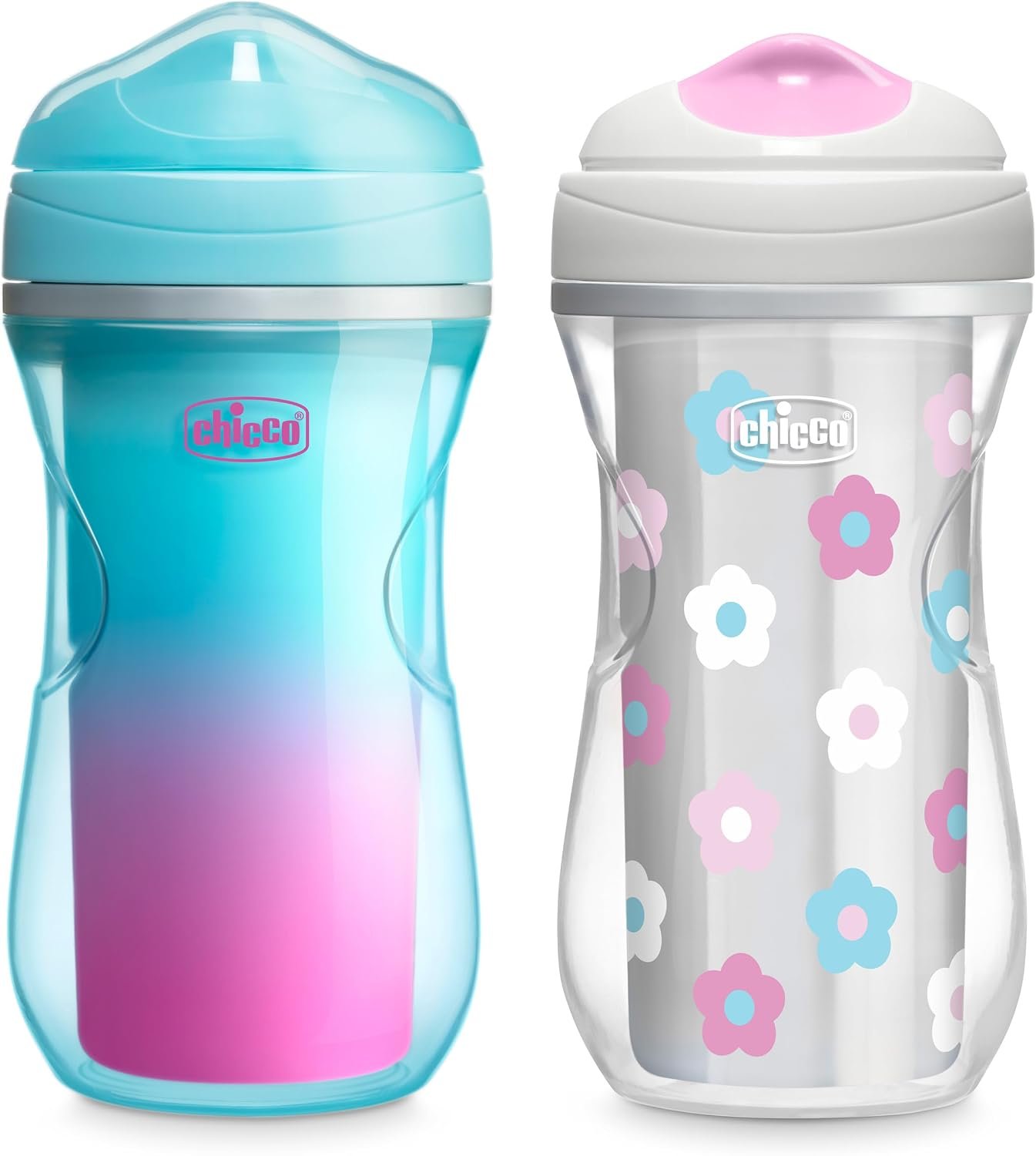 Chicco Insulated Sippy Cup, 9oz, 12+ Months, 2-Pack, Teal/Pink/Floral | Toddler Training Cup, Bite-Resistant No-Spill Rim Spout, Double-Wall, BPA-Free