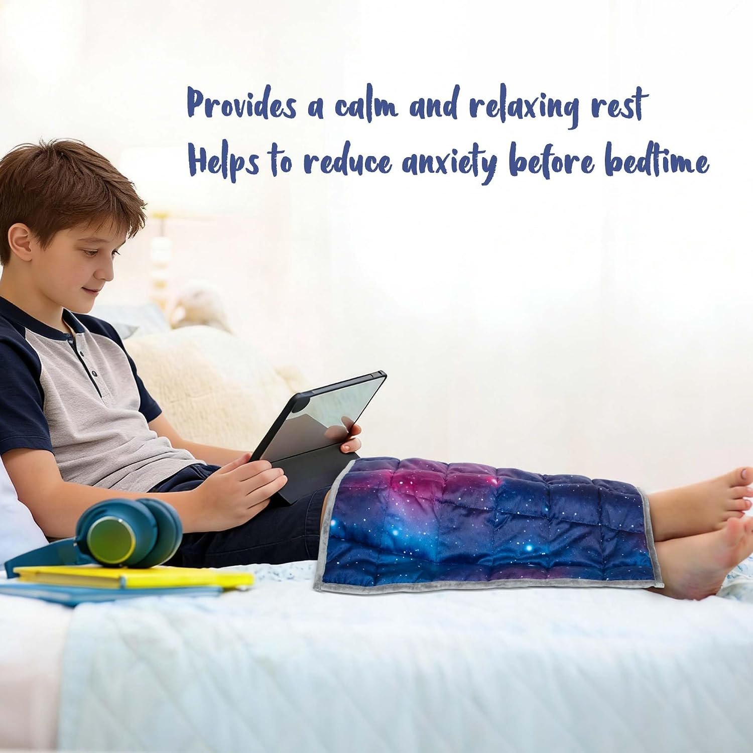 Solfres 5lbs Small Weighted Lap Pad Blanket Throw for Kids Boys Teens 20in x 23in – Sleep Therapy Plush Travel Size with Glass Beads, Blue Pink Galaxy Space Stars