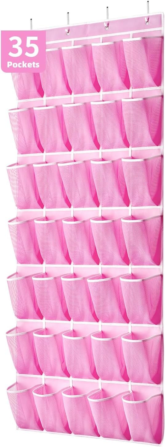SAVERHO 35 Pockets Over the Door Shoe Organizer, Hanging Shoe Organizer for Door with 35 Mesh Pockets Large Capacity Shoe Hanging Storage Bag with 4 Metal Hooks (Pink-1Pack)