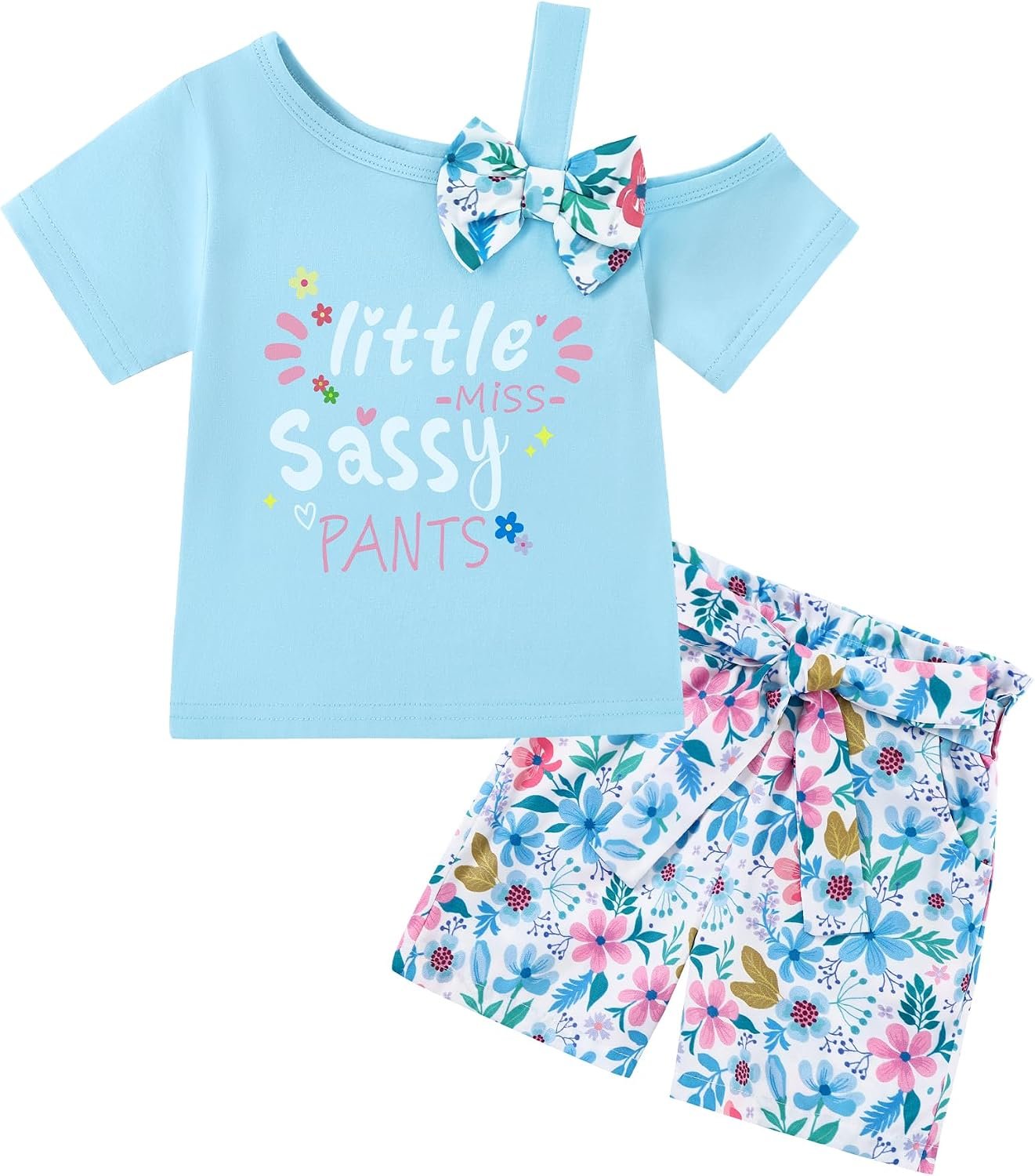 DISAUR Toddler Baby Girl Summer Clothes Set Cute Asymmetrical Bow Sleeve Top & Pocket Shorts 2 Piece Outfit Casual Clothes