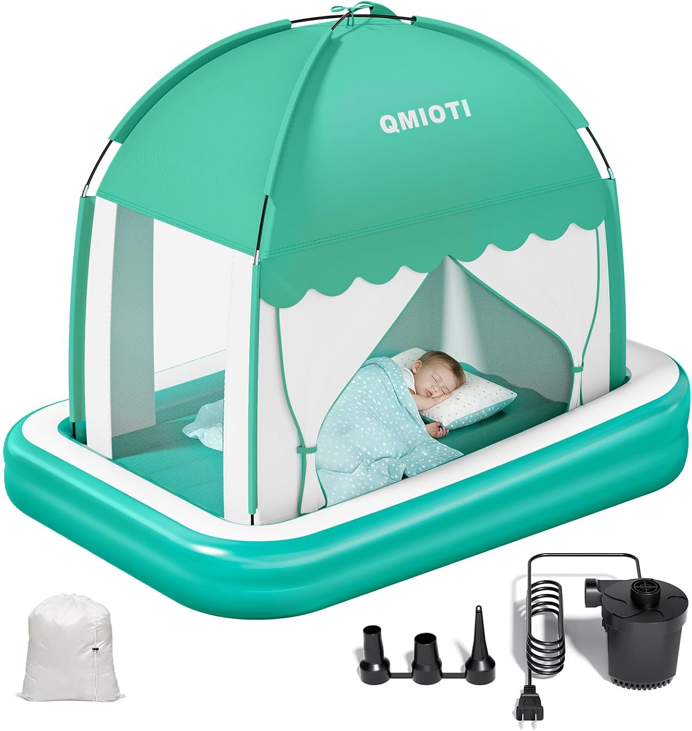Inflatable Toddler Travel Bed with Tent, Portable Kids Air Mattress | Blow Up Portable Travel Toddler Bed with Safety Bumpers for Home, Traveling, Camping, with Fast Pump Inflation