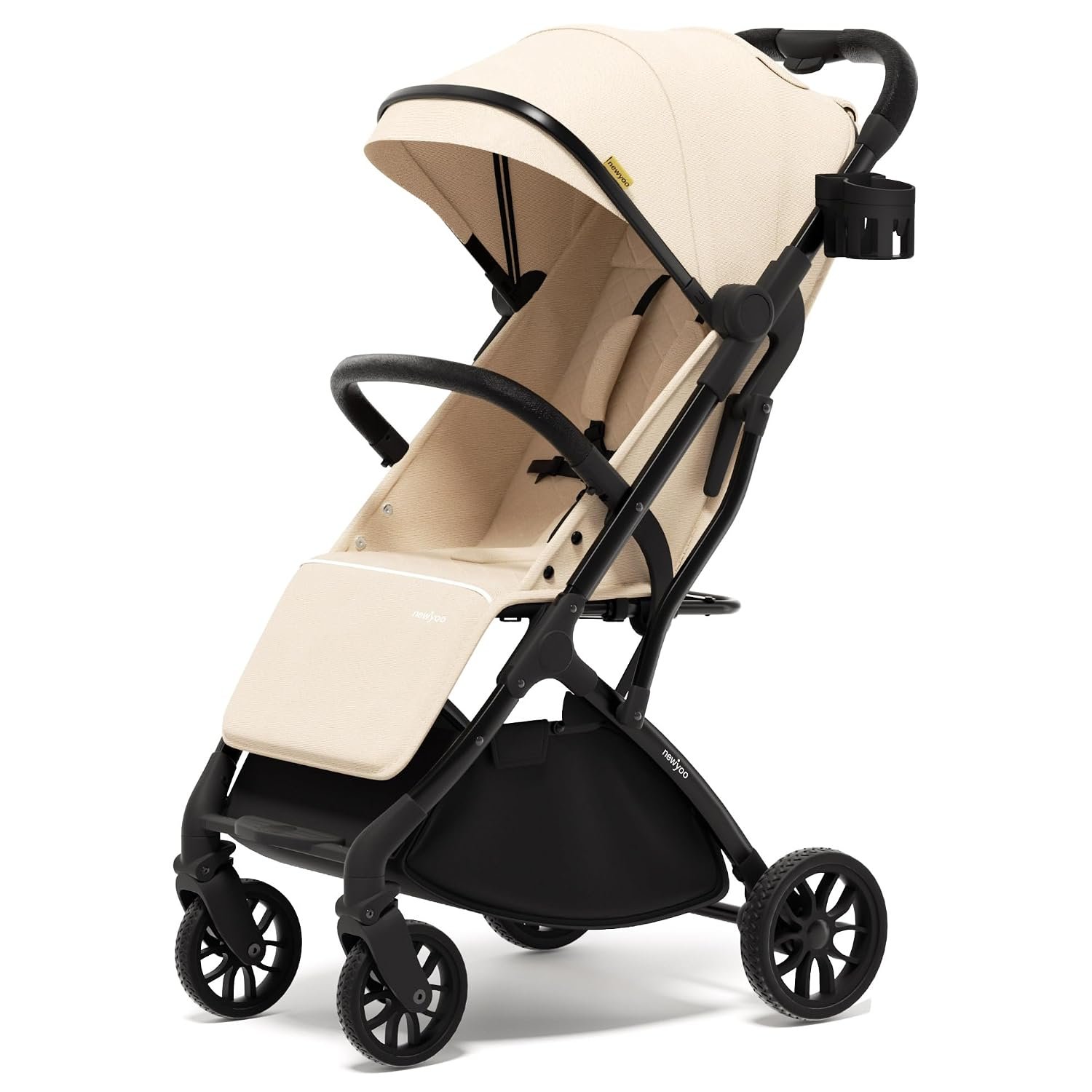 newyoo Baby Travel Stroller, Compact & Lightweight Infant/Toddler Stroller with Retractable Handle, Cup Holder, One-Hand Easy Fold, Near Flat Recline Seat, GlideTow TR18M, Almond