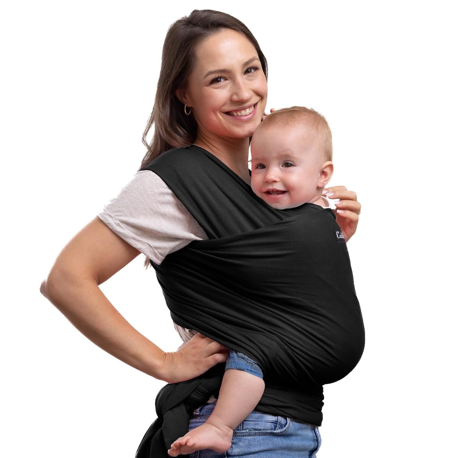 Cuddlebug Baby Wrap Carrier for Newborn (7–35 lbs) – Soft Stretchy, Breathable Infant Baby Carrier Wrap – Hip Healthy Baby Sling Wrap for Hands Free Baby Wearing, Cotton Blend (Black)