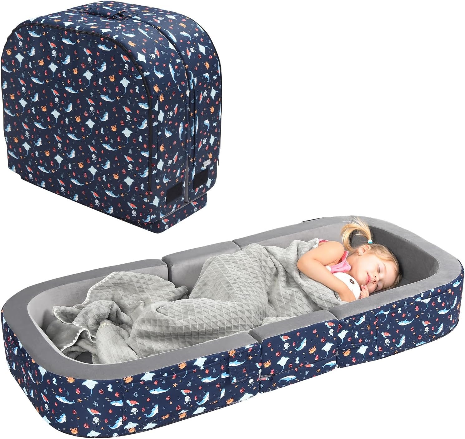 2-in-1 Foldable Toddler Travel Bed with Soft Foam Safety Rails | Designed for Kids 25–48 Months with Washable Cover,Easy Setup,Portable Floor Bed for Grandparents’ House,Camping,Hotel Stays