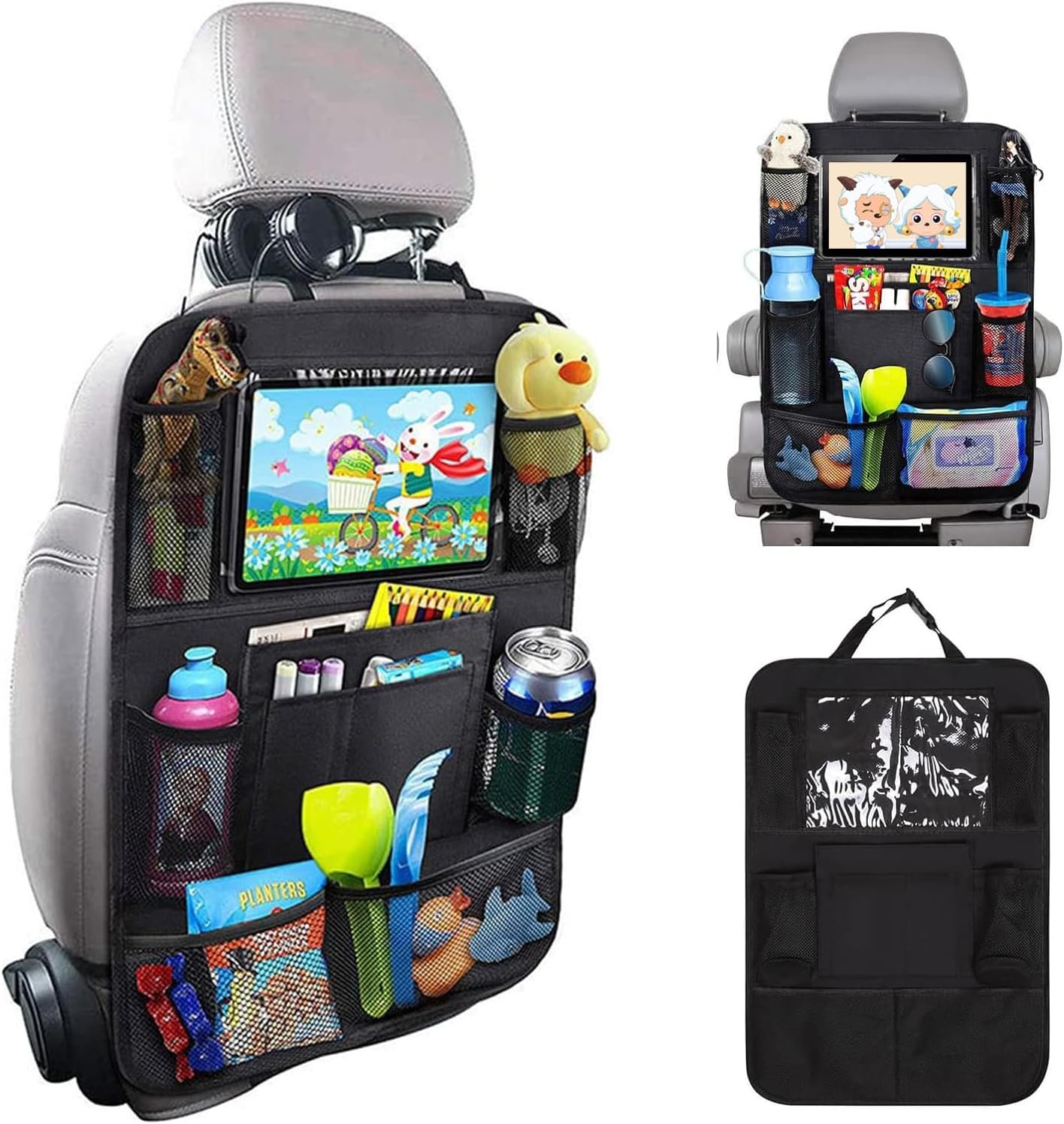 Matenf Backseat Car Organizer with 9 Storage Pockets | 10″ Tablet Holder, Keep Car Organized & Tidy, Seat Back Cover for Kid Toddler, Kick Mats Protector, Travel Accessories, 1 Pcs