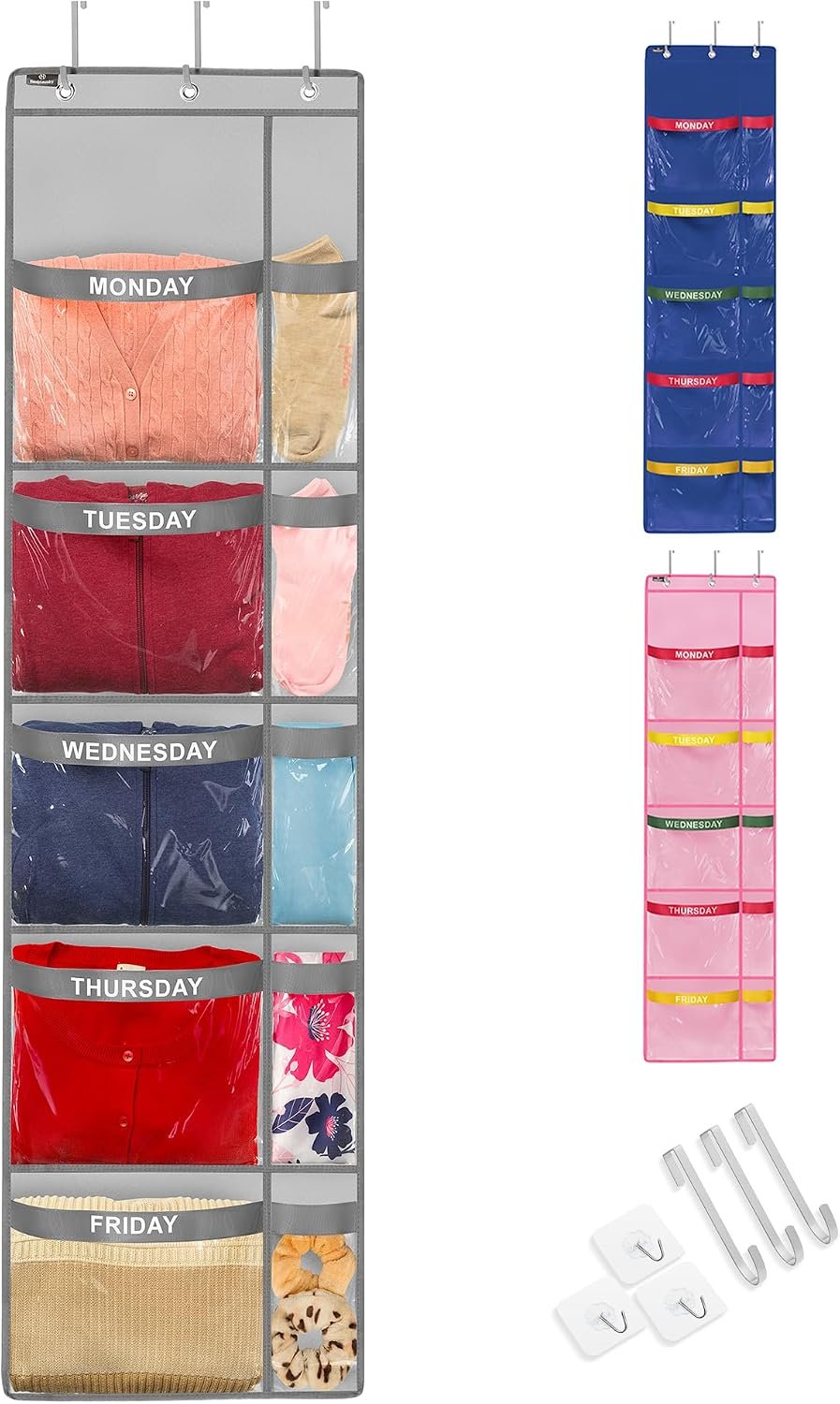 Handy Laundry Weekly Clothes Organizer for Kids – 5-Shelf Hanging Closet Organizer with Day of the Week Labels, Large & Small Pockets, Over Door or Wall Mount, Durable Fabric, Grey