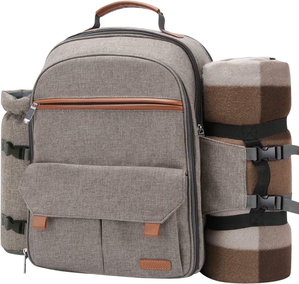 Sunflora Picnic Backpack for 4 Person Set Pack with Insulated Waterproof Pouch for Family Outdoor Camping (Brush Beige) | Picnic Backpack with Cooler Compartment, Blanket and Stainless Steel Cutlery Set for Couple, Lovers and Friends