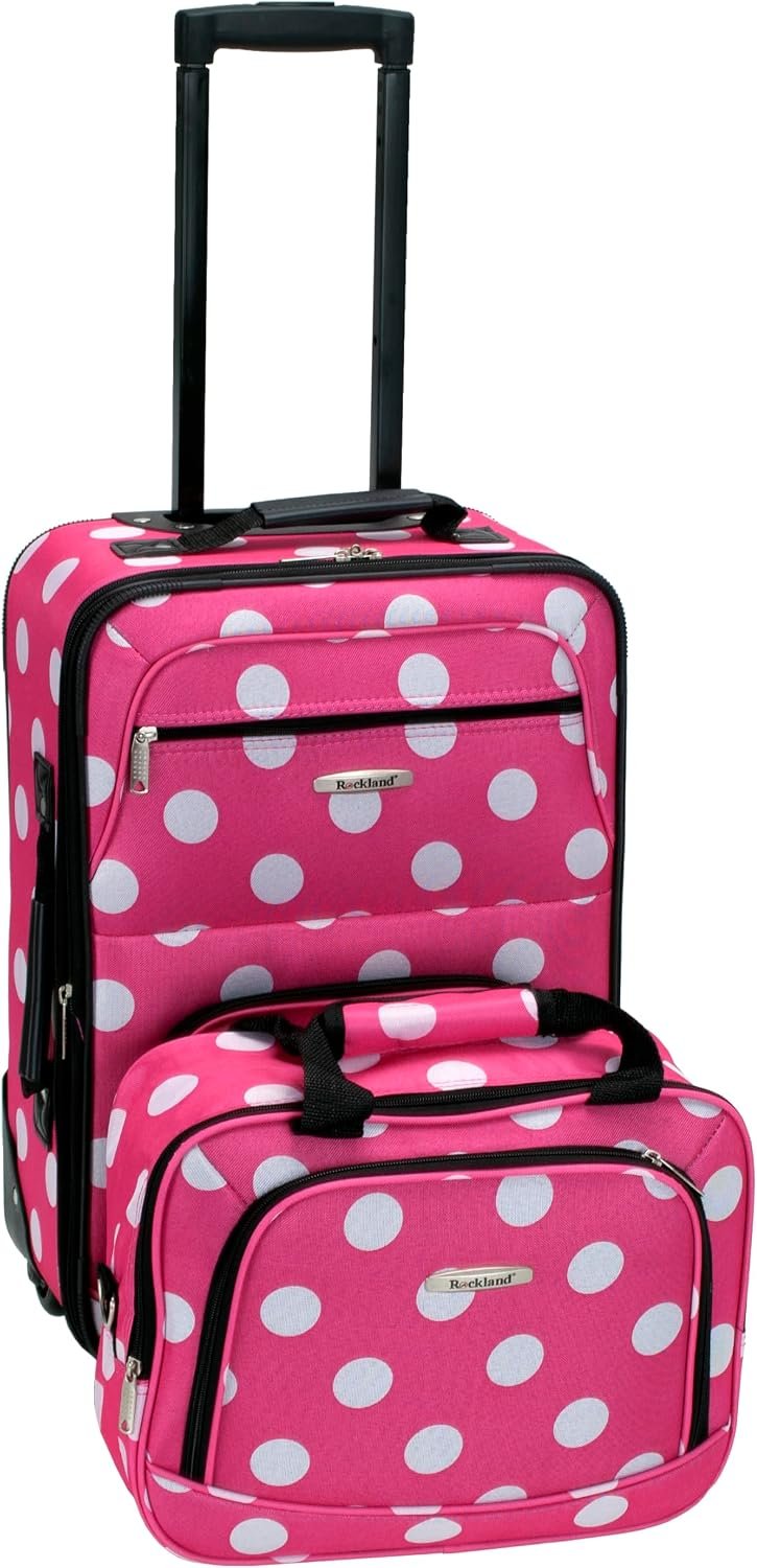 Rockland Fashion Softside 2 Piece Luggage Set, Expandable, (14″ Tote/19″ Upright), Pink Dot