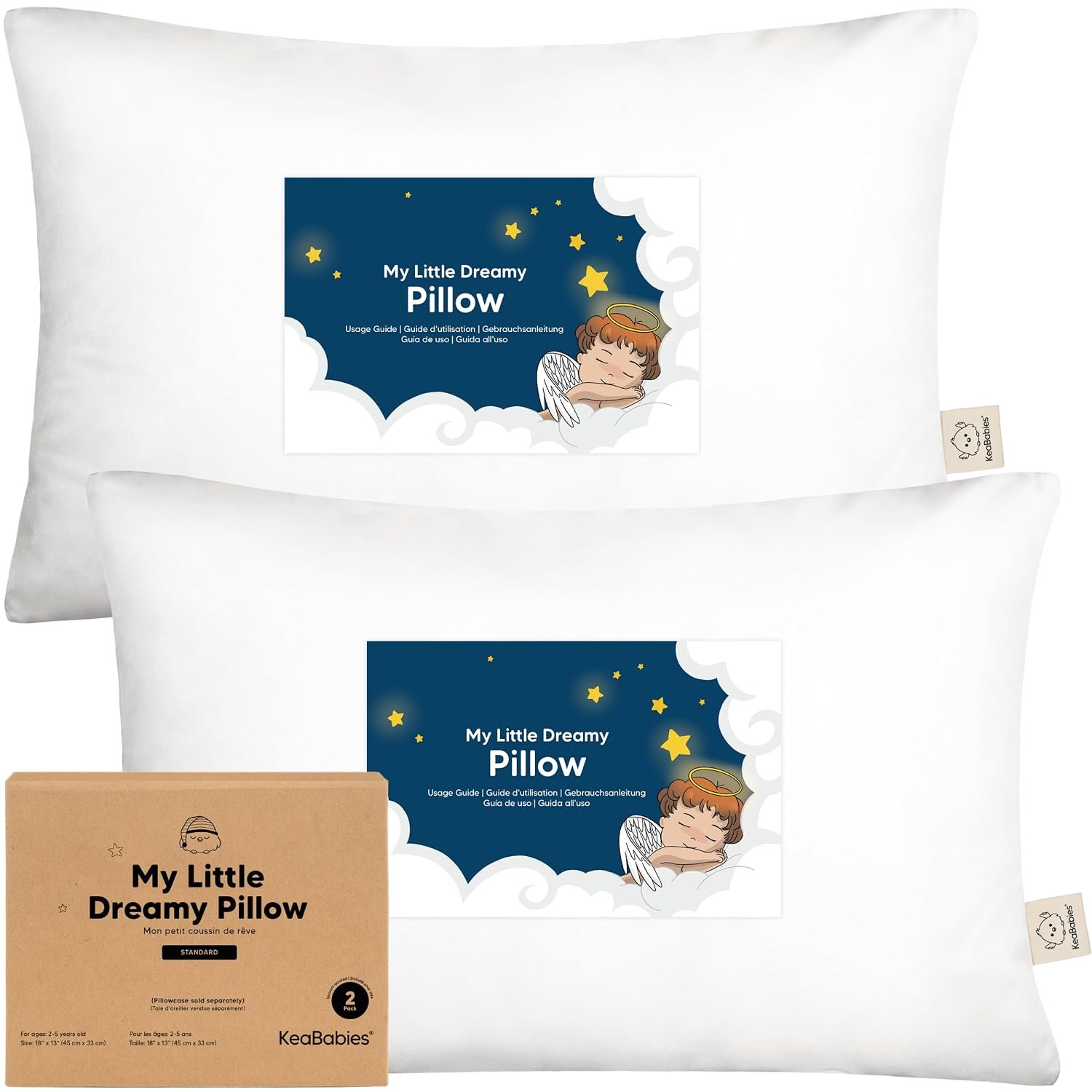 KeaBabies 2pk Toddler Pillows 2 Year Old to 5,13×18 Kids Pillow(Soft White) | Soft Organic Cotton Kids Pillow for Sleeping, Travel, School, Daycare, Nap, Toddler Bed, Machine Washable, Without Pillowcase