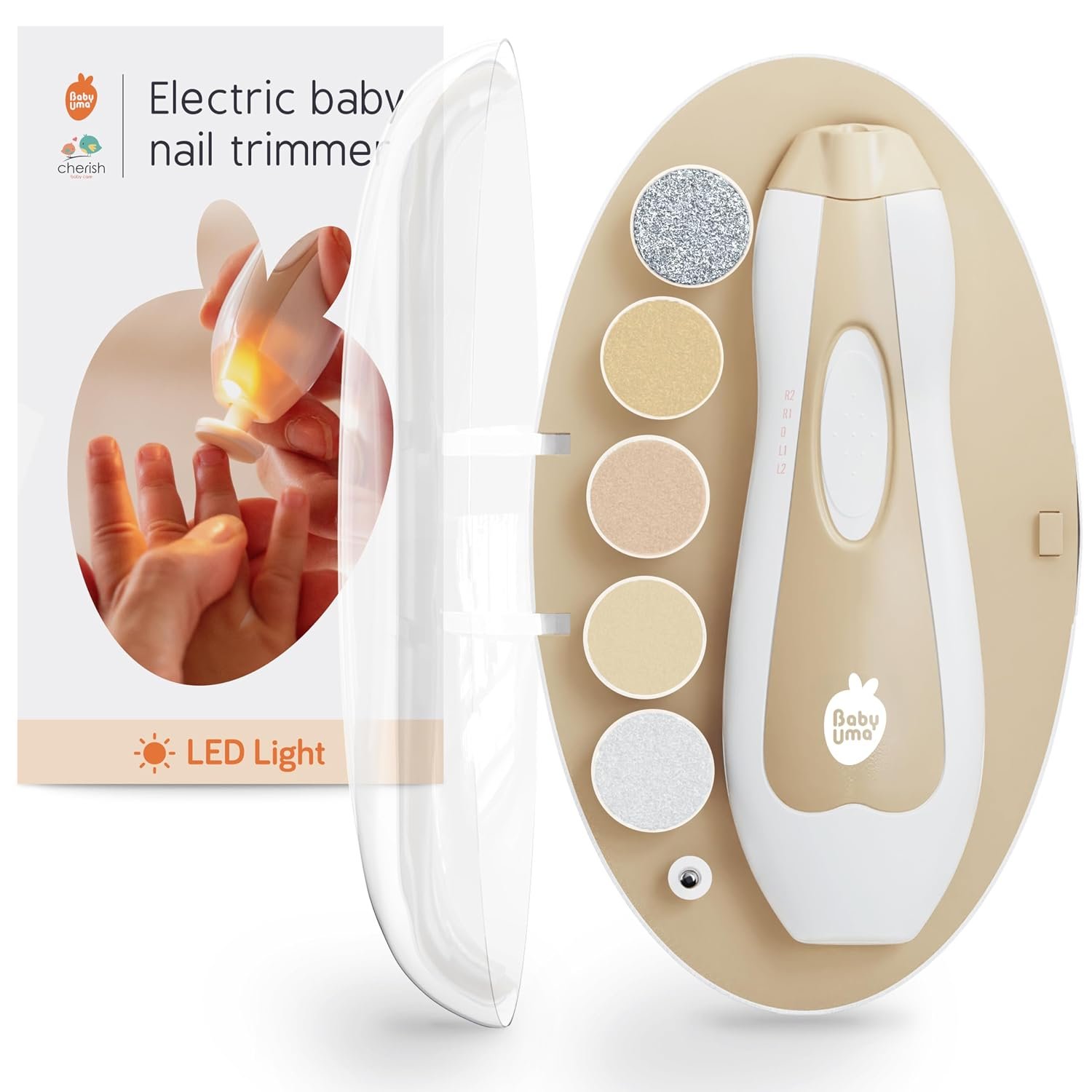 Cherish Baby Care LED Baby Nail Trimmer Electric – Safety Stop (Beige) | Safe electric nail file baby kit with auto-safety stop, LED light, 6 filing discs & travel case for gentle baby nail care.