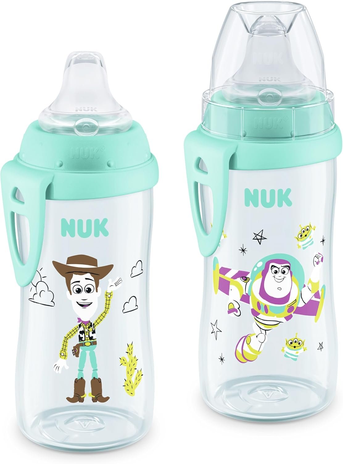 NUK First Choice Toy Story Active Cup 2.0, 10oz. Soft Spout Sippy Cup with On-the-Go Carry Clip, Lightweight, Leak Proof, Spill Proof Cup, 2-pack