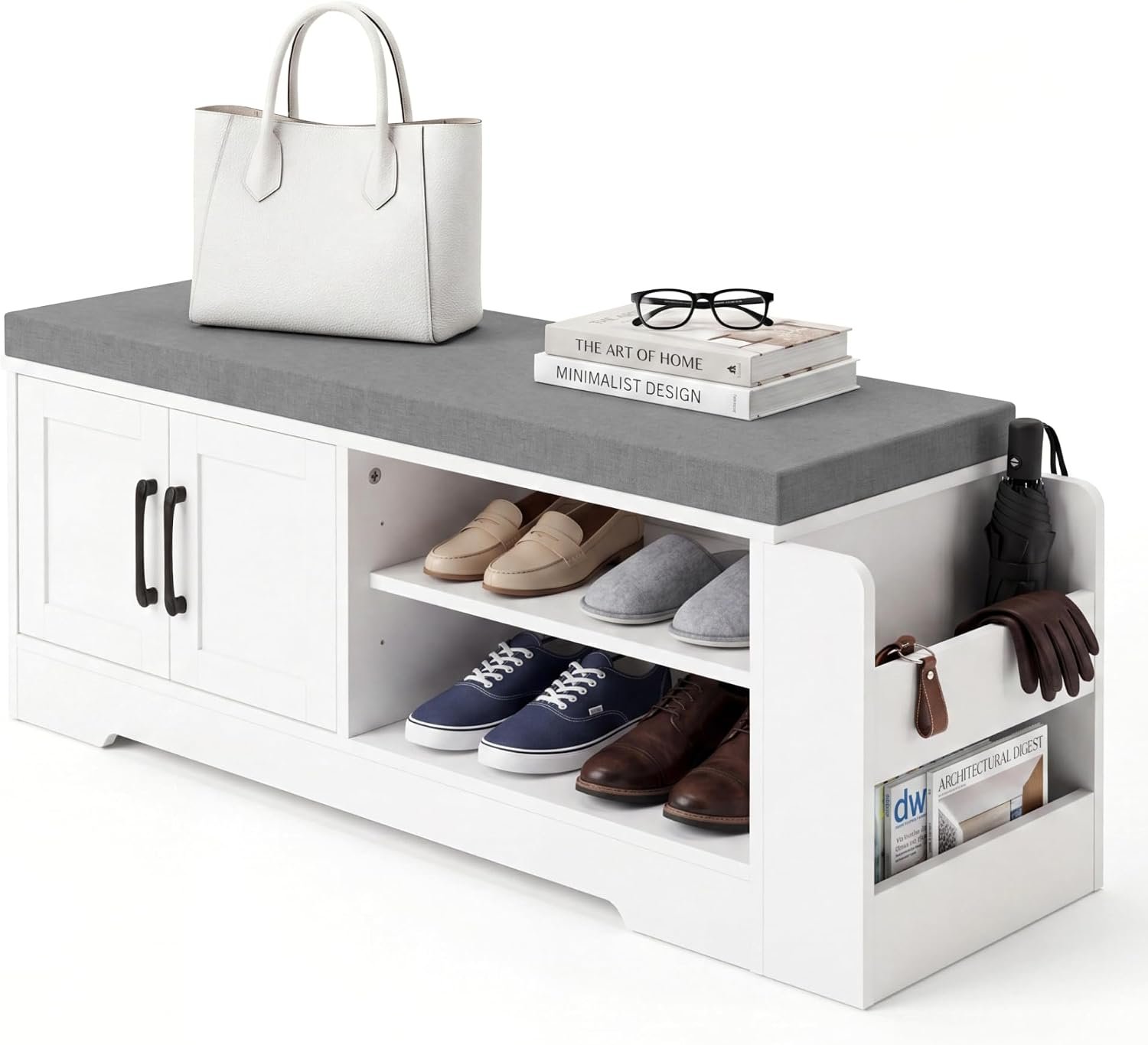 Farmhouse Shoe Storage Bench with 3-in-1 Entryway Storage & Padded Seat | 39.6″ Wide Entryway Bench with Adjustable Shelves, Shoe Organizer & Side Storage Rack for Living Room, Bedroom, White