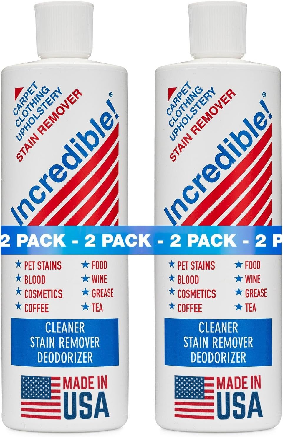 INCREDIBLE! Stain Remover | Instant Spot Remover for New & Old Stains | Cleaner, Stain Removal, Deodorizer – For Blood, Red Wine, Coffee, Urine & Pet Stains | Carpets, Laundry & Upholstery | 2 Pack