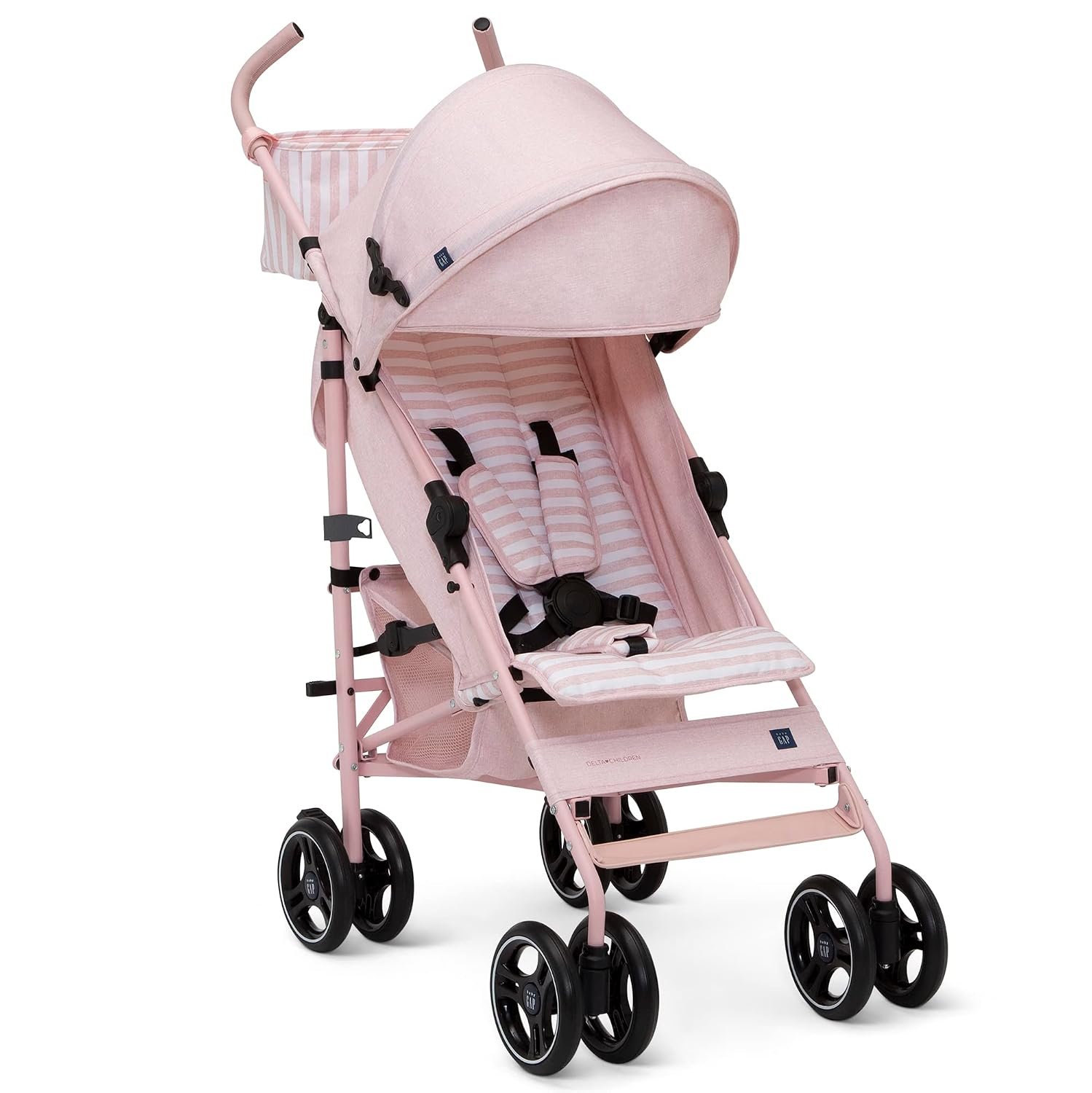 babyGap Classic Stroller – Lightweight Stroller with Recline, Compact Fold & Removable Parent Organizer – Made with Sustainable Materials, Pink Stripes