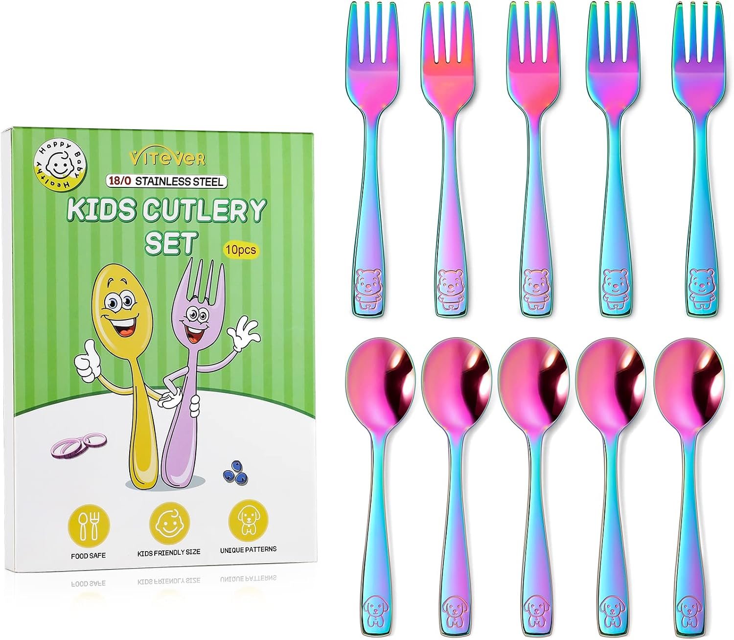 VITEVER 10 Pack Toddler Utensils, Stainless Steel Rainbow Silverware Set for Kids, Children Safe Cutlery Set Includes Forks and Spoons – Dishwasher Safe