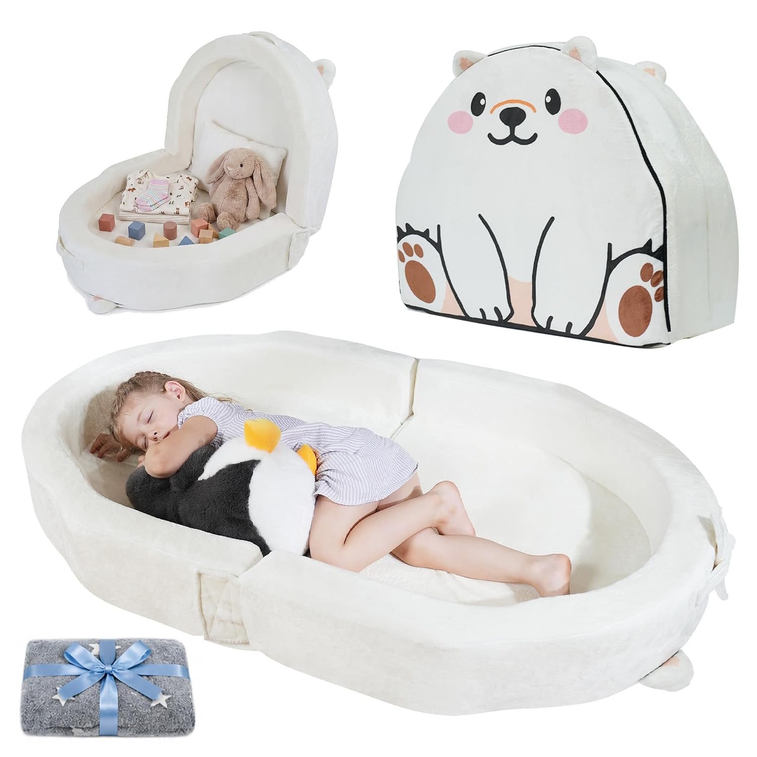 Portable Toddler Bed Folding Toddlers Floor Beds for Kids Foldable Soft Foam Travel Bed for Baby, Washable Cover Toddler Cot with Safety Rail for Travel, Home/Travel (Polar Bear)