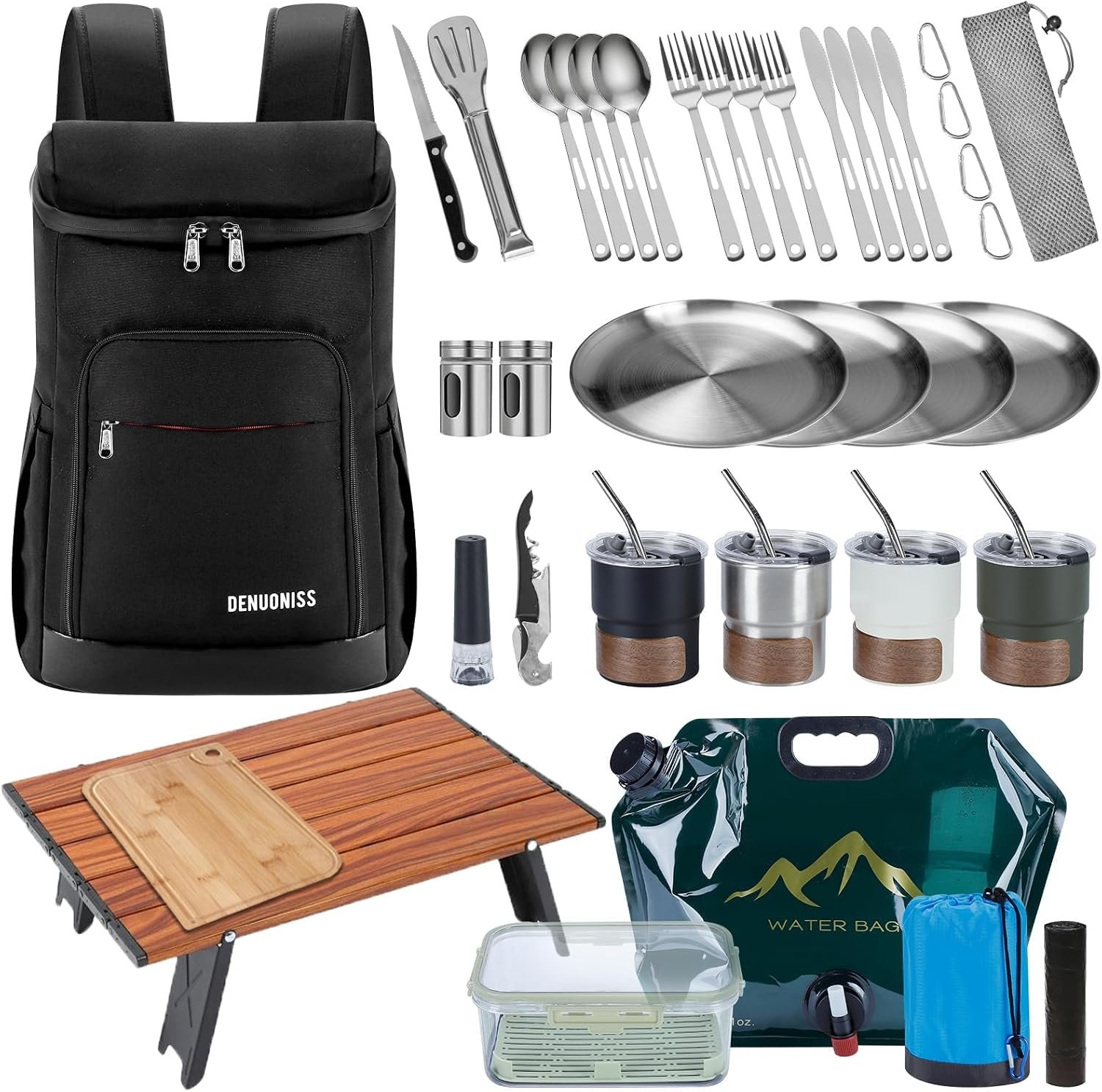 Picnic Backpack Set with Fold Table, Water Bag, Cooler Ice Box & Stainless Steel Utensils – Portable Outdoor Camping Gear for Family Picnics & Hiking (Black, A-4 Person)
