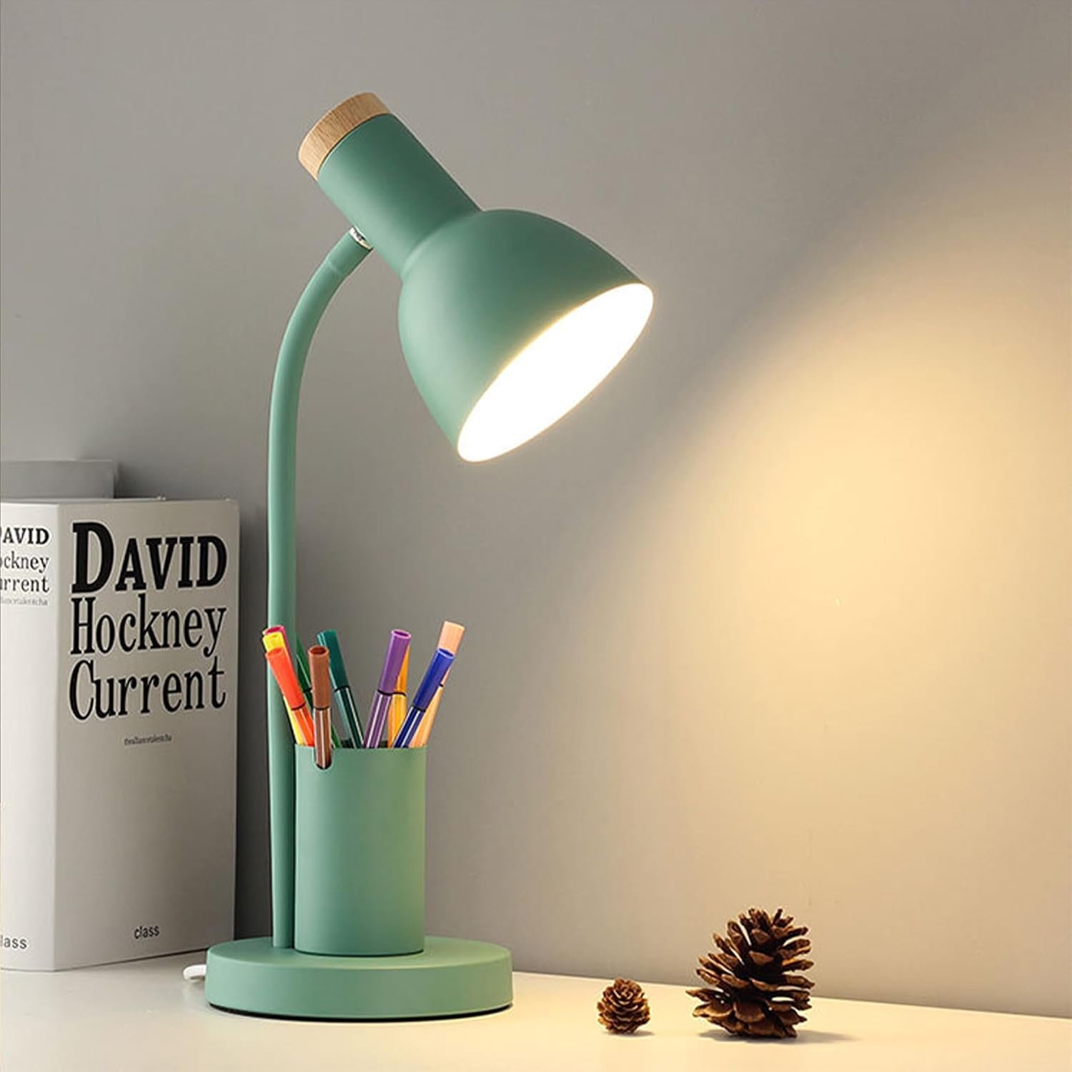 WLHONG LED Desk Lamp, Table Lamps with Pen Holder, Eye-Caring Reading Light | 3 Color Modes, Flexible Gooseneck, Study Lamp for Kids, Bedside Office Room College Dorm Essentials, Modern Home Decor, Green